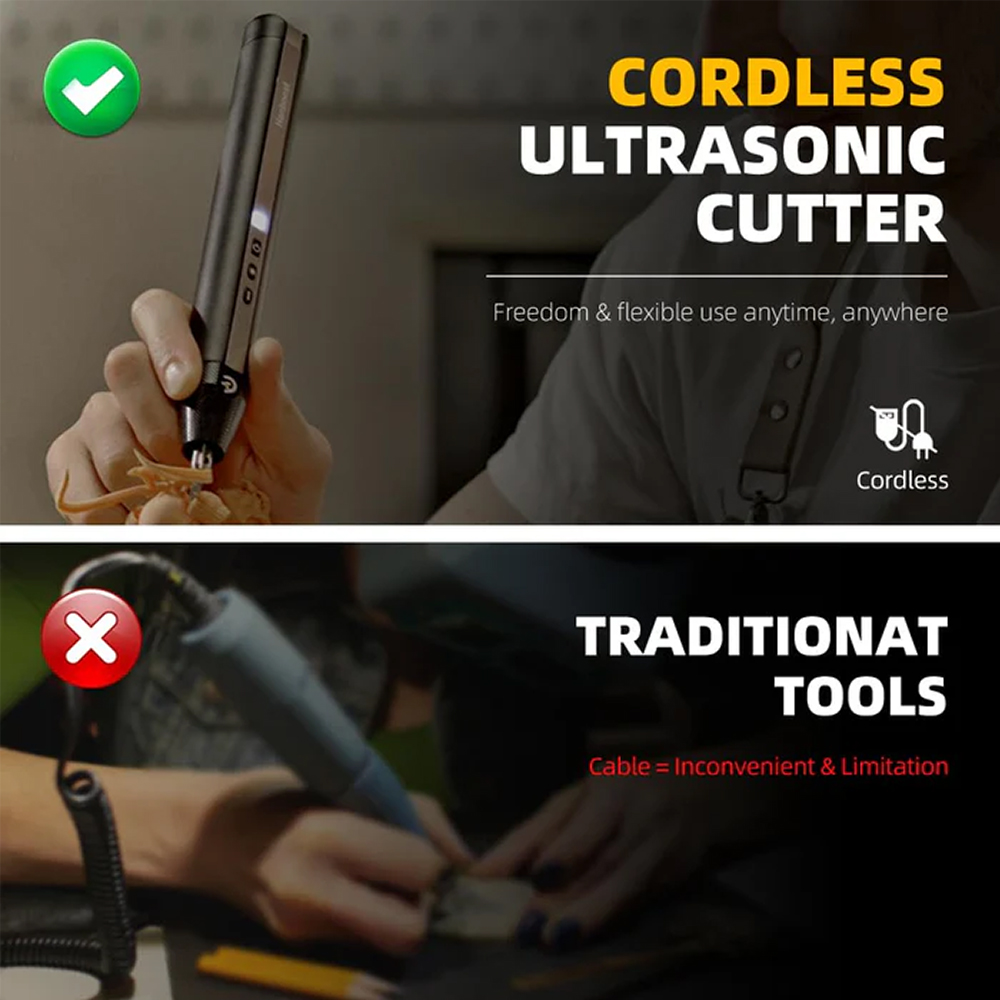 Oben: Schnurlose Ultraschall-Schneidemaschine. Unten: Traditionelle Werkzeuge mit Kabel.