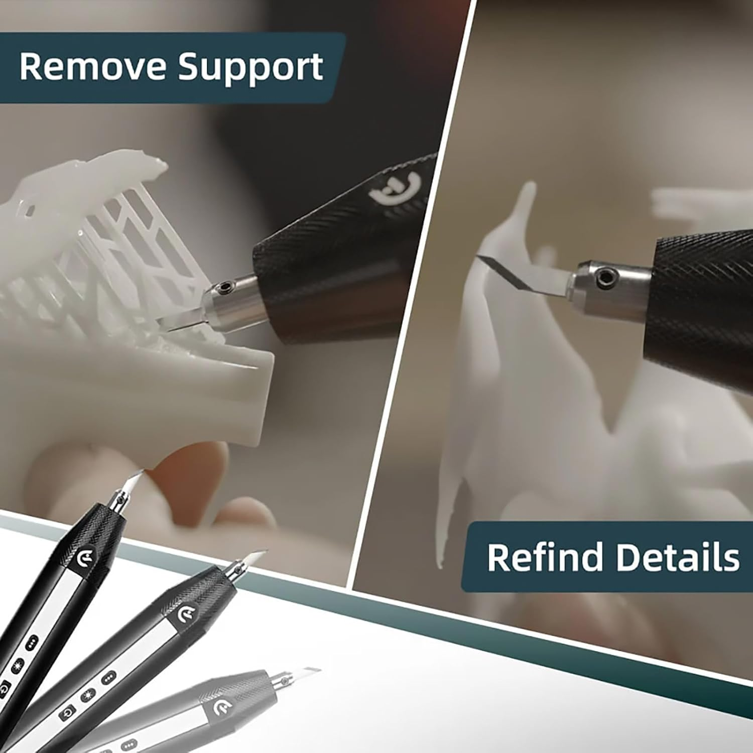 Strumento di precisione rimuove strutture di supporto stampa 3D e rifinisce dettagli.