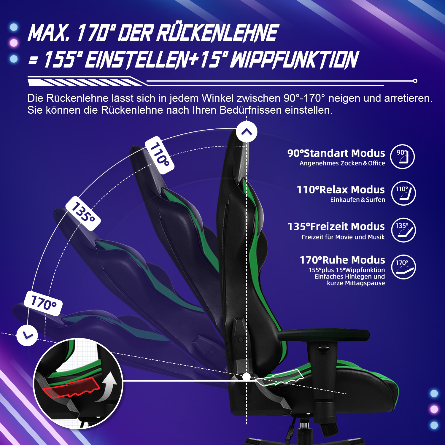 Gamingstuhl mit verstellbarer Rückenlehne von 90° bis 170°.
