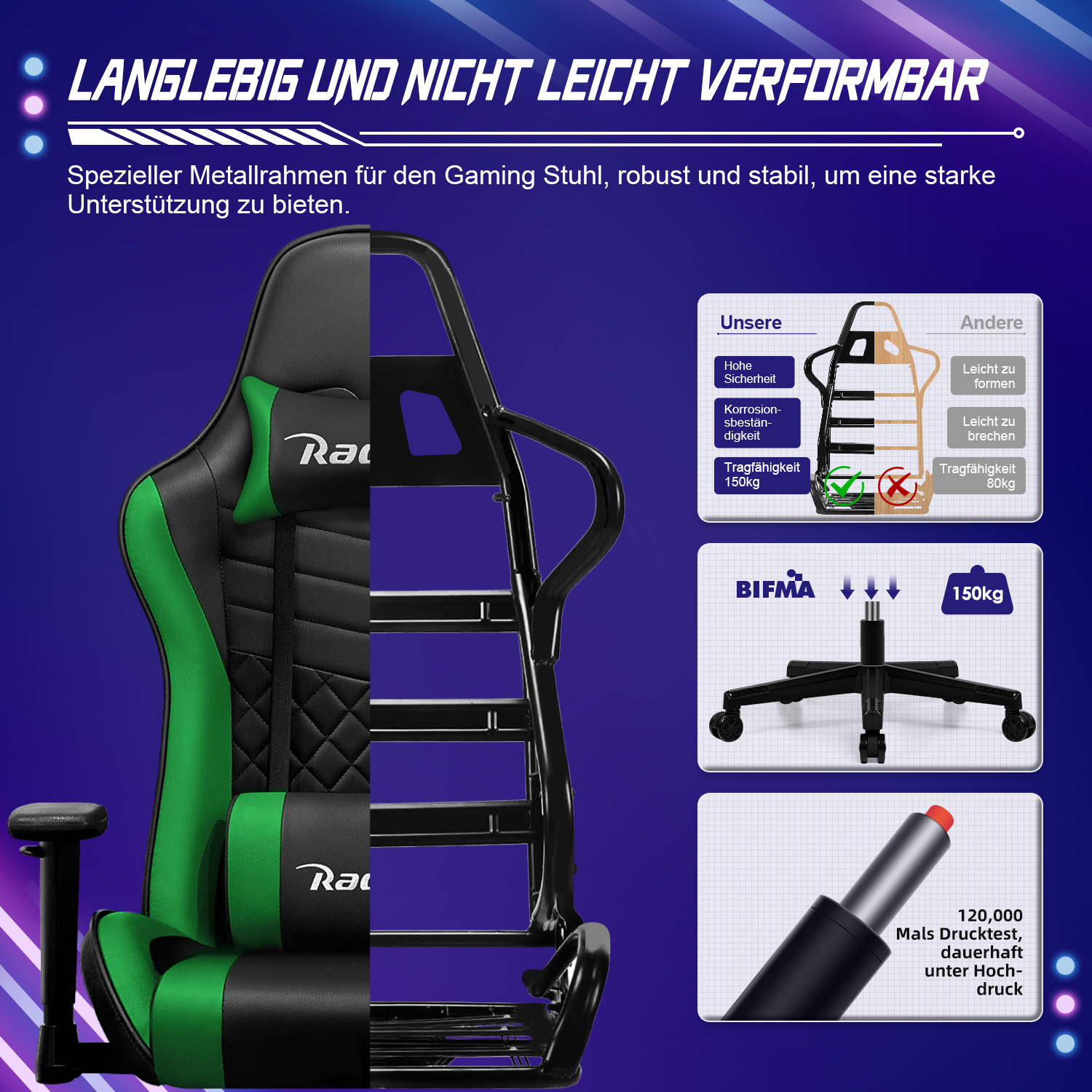 Gaming-Stuhl mit Metallrahmen: robust, stabil, 150kg Tragfähigkeit.