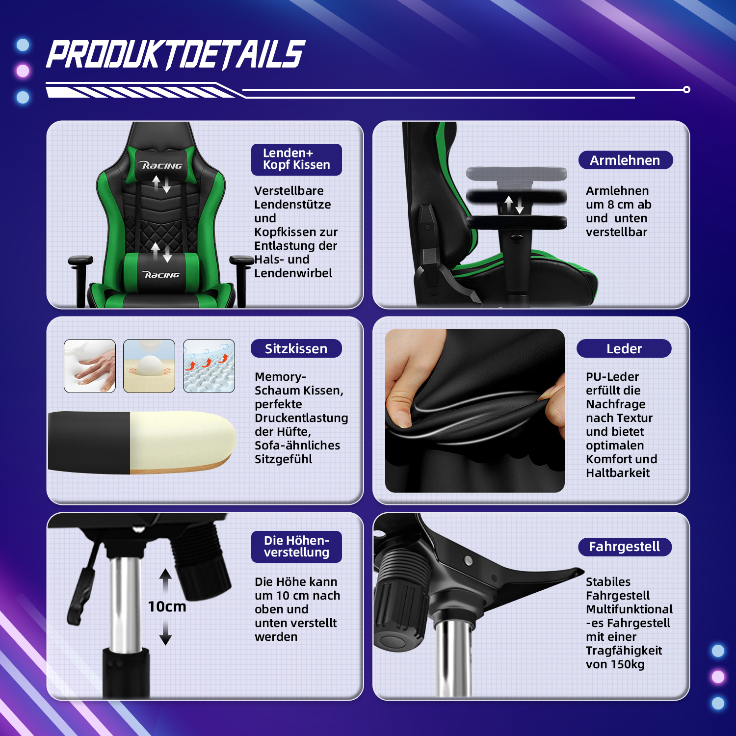 Produktübersicht eines schwarzen und grünen Gaming-Stuhls mit Details zu Kissen, Armlehnen, Sitz und Untergestell.