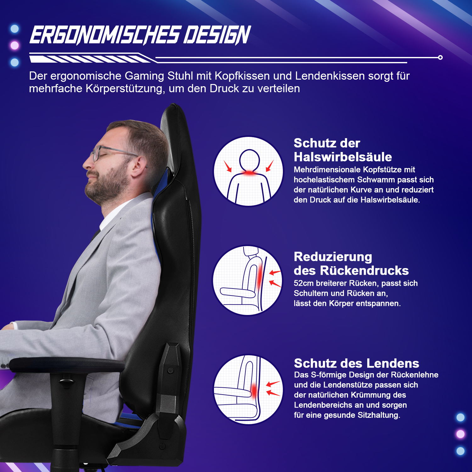 Ergonomischer Gaming Stuhl mit Kopf- und Lendenkissen für Körperstützung.