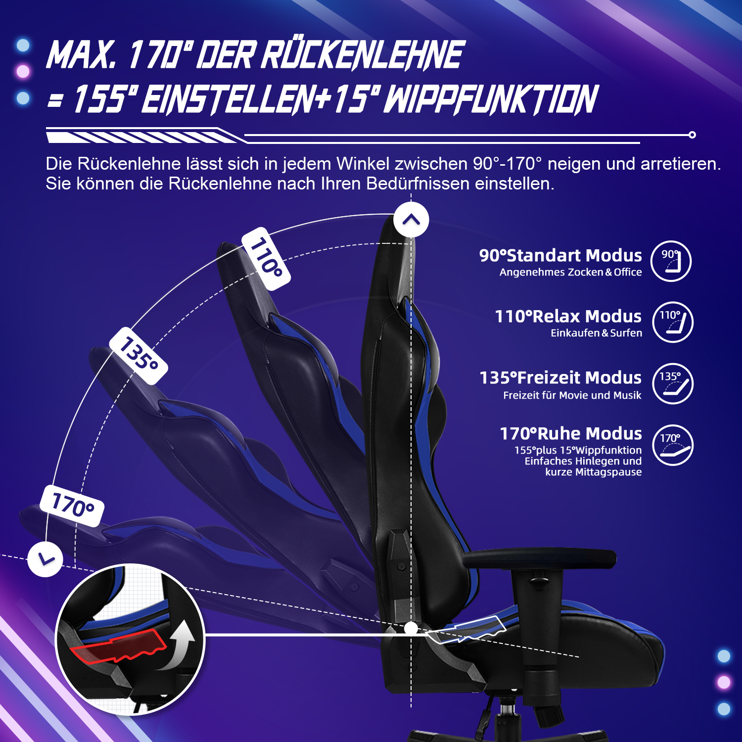 Gaming-Stuhl mit verstellbarer Rückenlehne von 90-170 Grad. Verschiedene Modi.