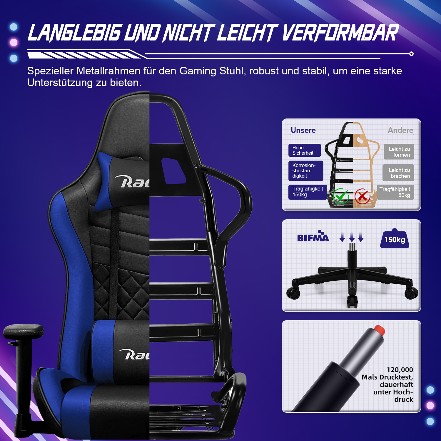 Gaming Stuhl mit robustem Metallrahmen, BIFMA geprüft, 150kg Traglast.