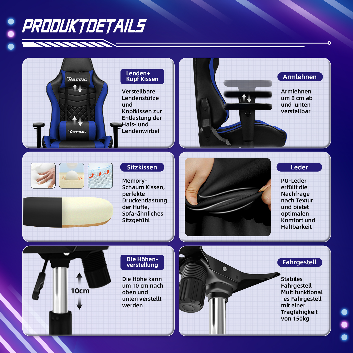 Produkt-Details: Gamingstuhl mit Lenden-/Kissen, verstellbaren Armlehnen, Sitzkissen, Leder, Höhenverstellung, Fahrgestell.