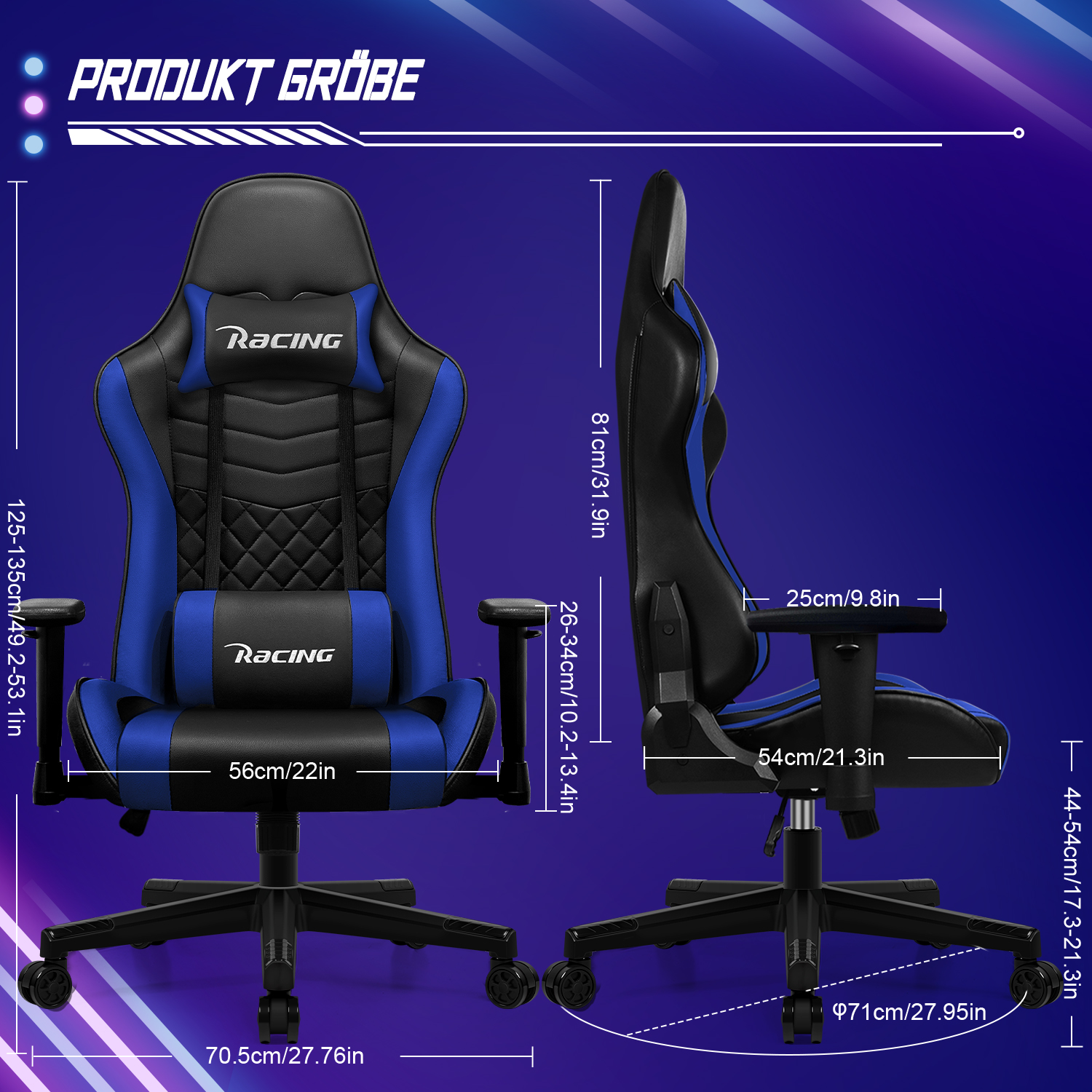 Blauer und schwarzer Gaming-Stuhl mit Maßen und dem Wort "Racing".