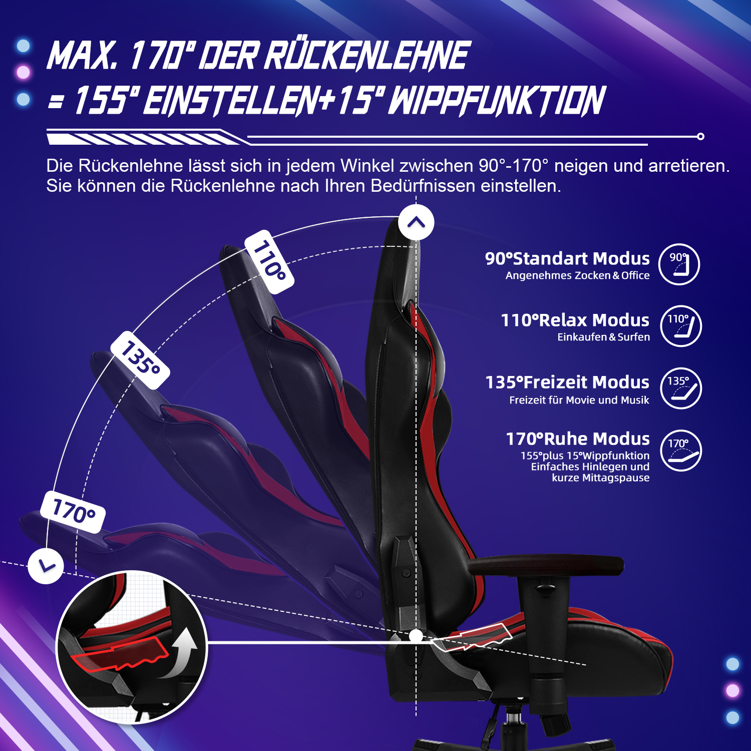 Gamingstuhl mit verstellbarer Rückenlehne in verschiedenen Winkeln.