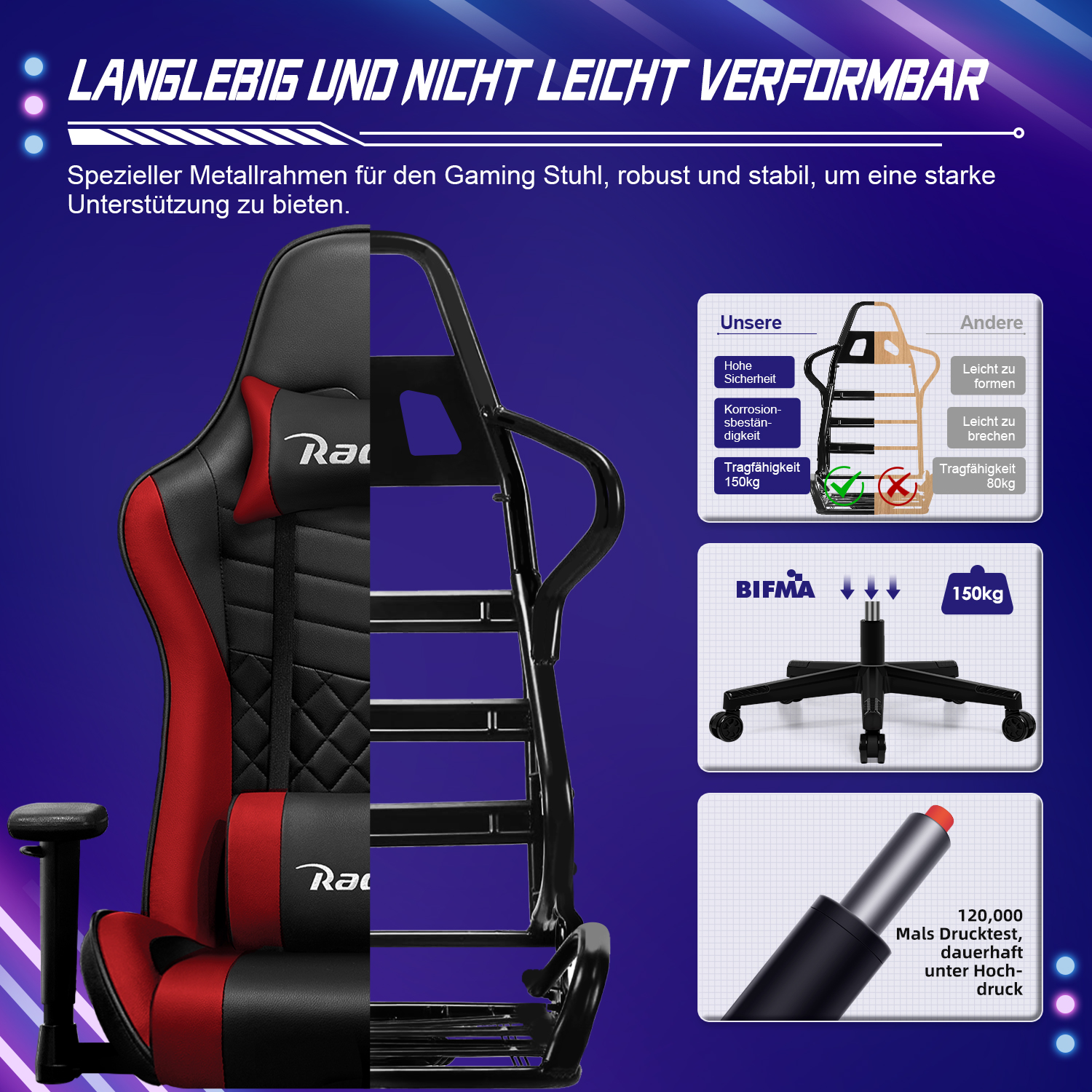 Gaming-Stuhl: Metallrahmen, 150kg Tragkraft. Vergleich mit anderem Stuhl.