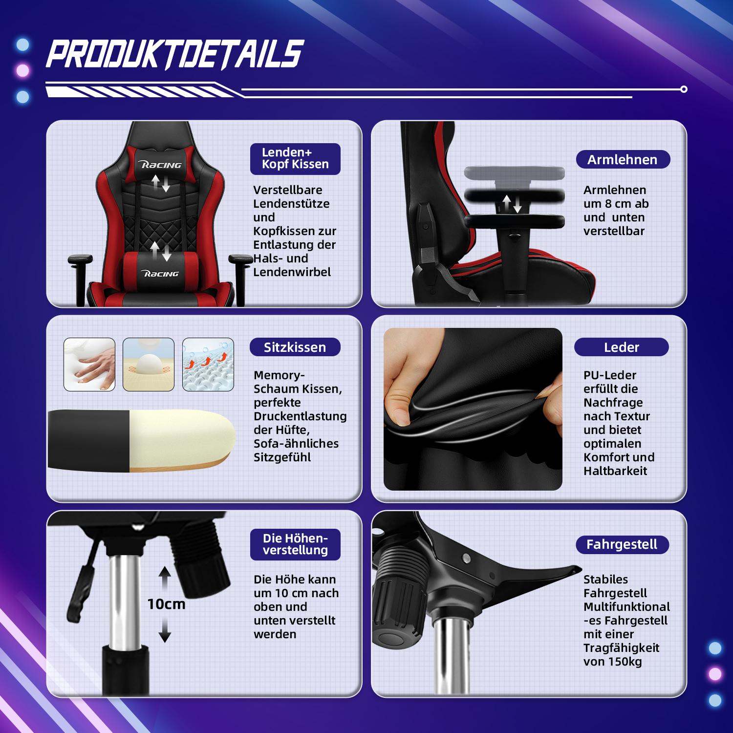 Produktübersicht eines Gaming-Stuhls mit Details zu Lenden-/Kissen, Armlehnen, Sitzkissen, Leder und Höhenverstellung.
