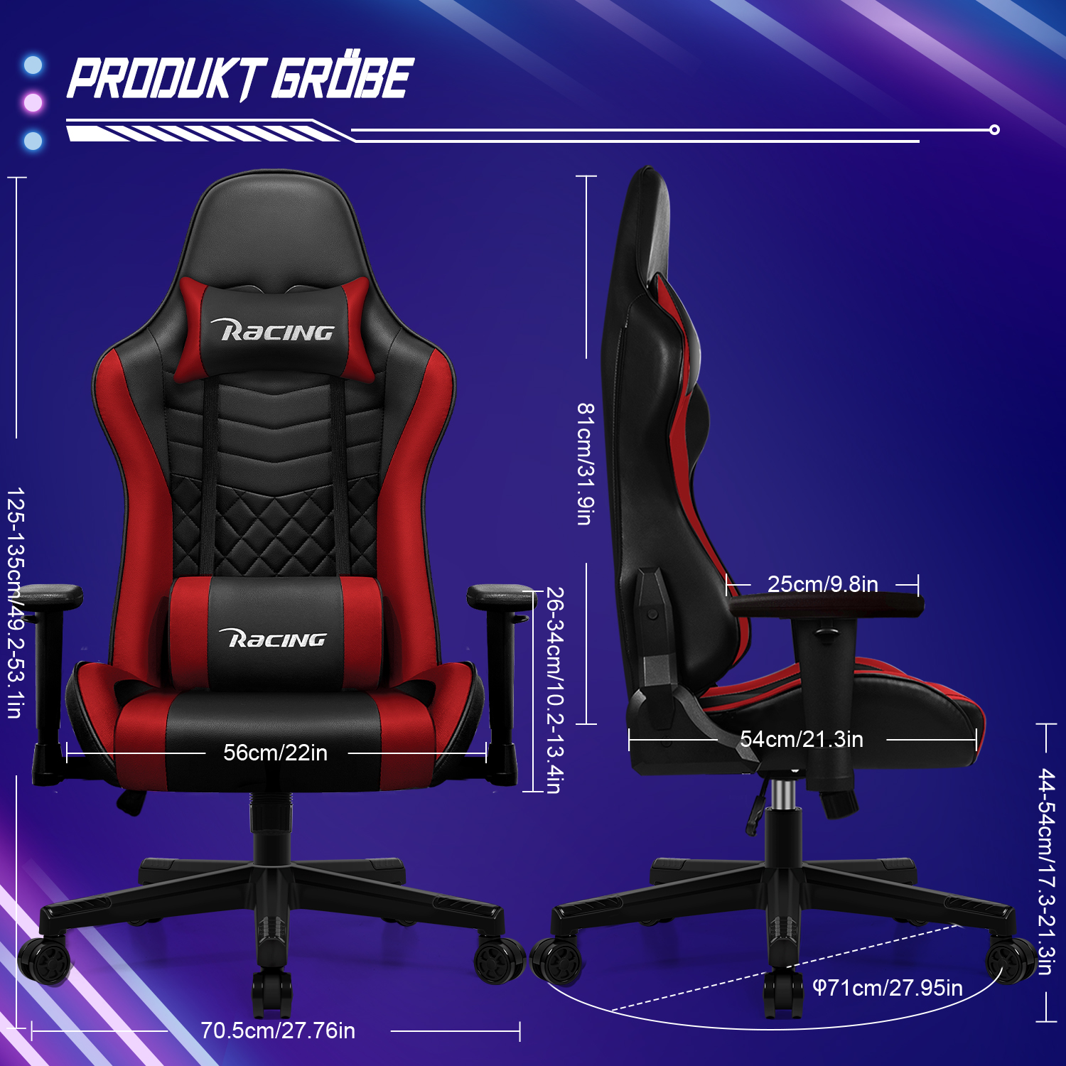 Ein roter und schwarzer Gaming-Stuhl mit Maßen und dem Logo 'Racing'.