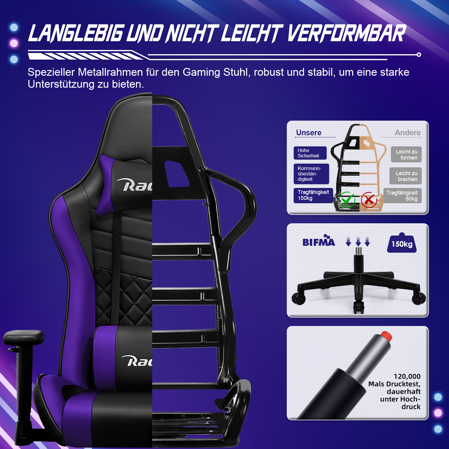 Gaming Stuhl mit Metallrahmen: robust, langlebig, 150kg Tragkraft. Vergleiche.