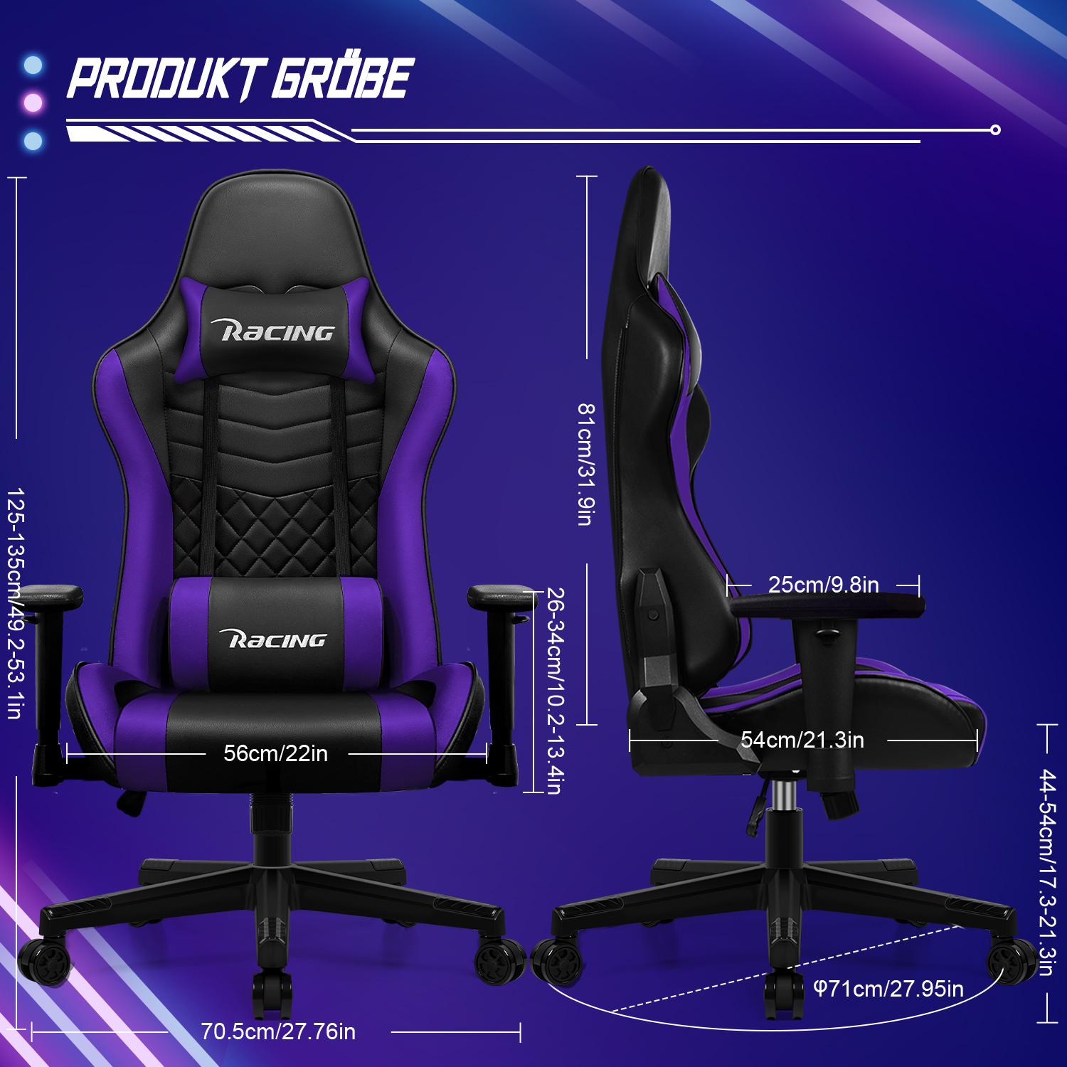 Gaming-Stuhl in Schwarz und Lila mit Maßangaben. Vorder- und Seitenansicht.