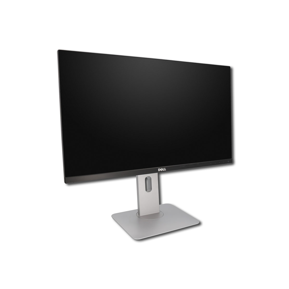 Ein silberner Dell-Monitor mit schwarzem Bildschirm steht auf einem weißen Hintergrund.