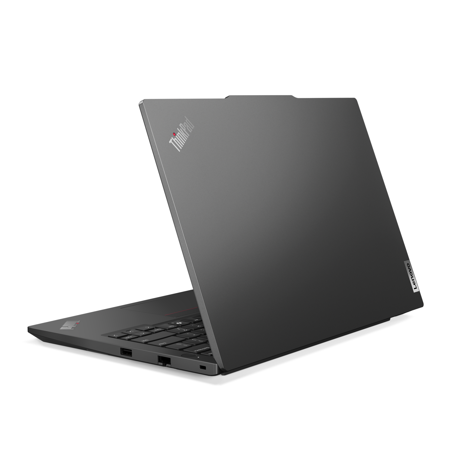 Koyu gri Lenovo ThinkPad dizüstü bilgisayar, açık ve klavyesi görünüyor, beyaz arka planda.