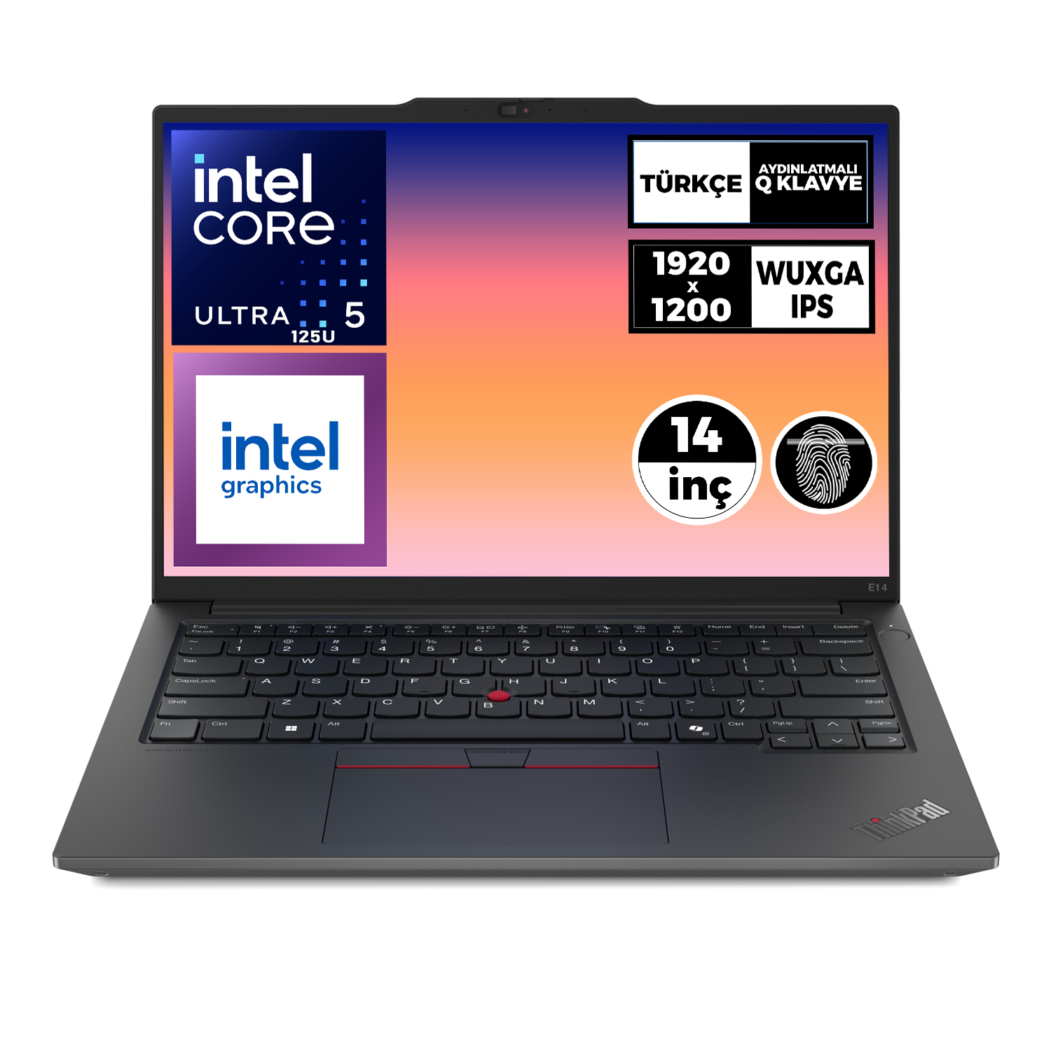 Intel Core Ultra 5 işlemcili ve klavyeli koyu renkli laptop.