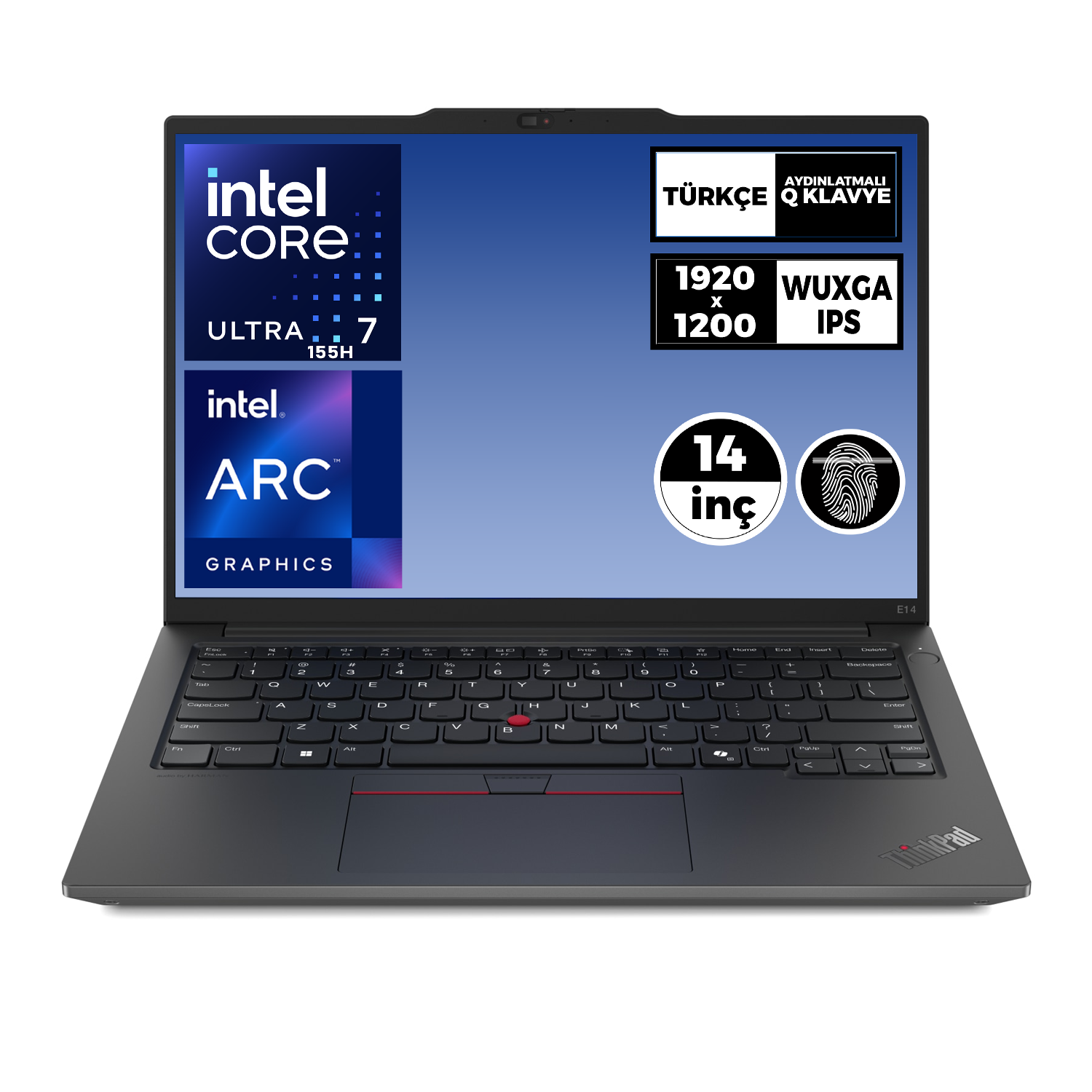 Intel Core Ultra 7 işlemcili ve Intel Arc grafikli siyah dizüstü bilgisayar.