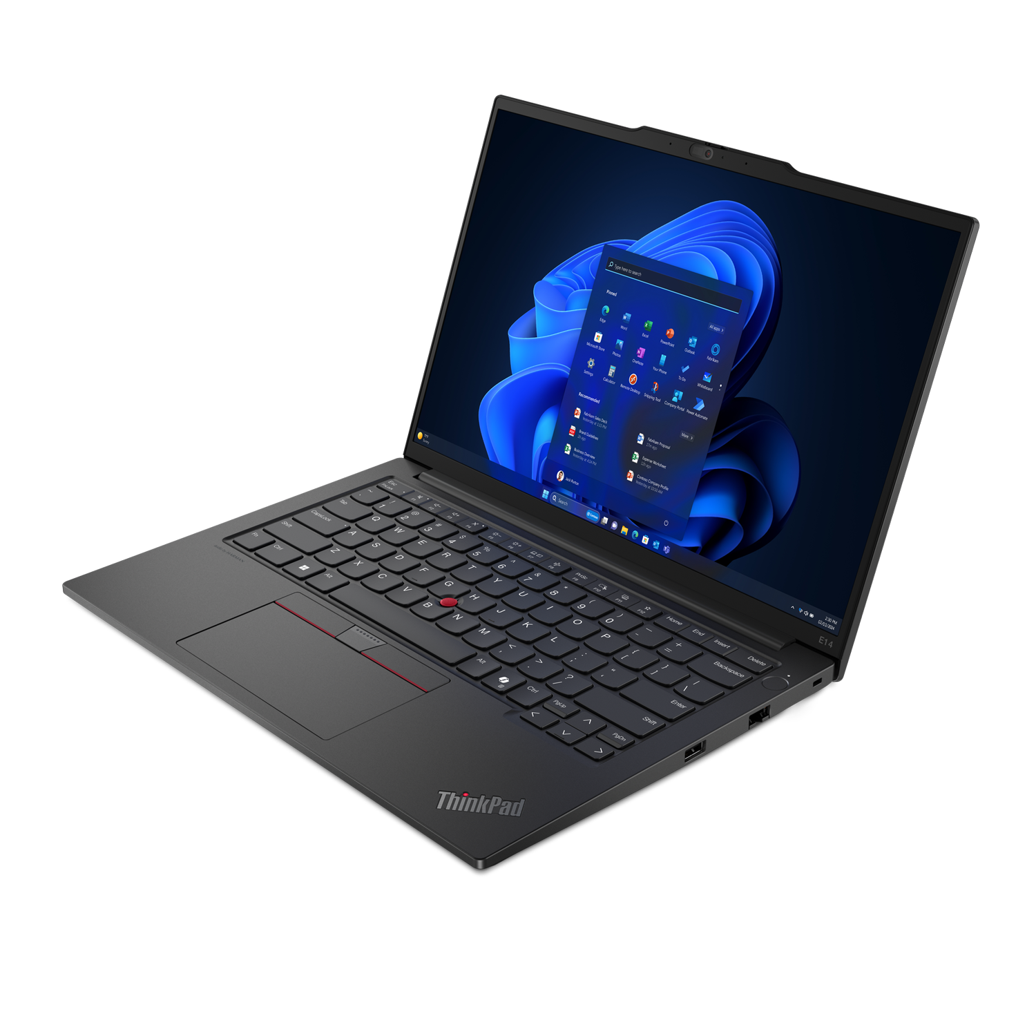 ThinkPad logolu siyah dizüstü bilgisayar, ekranda Windows 11 başlangıç menüsü.