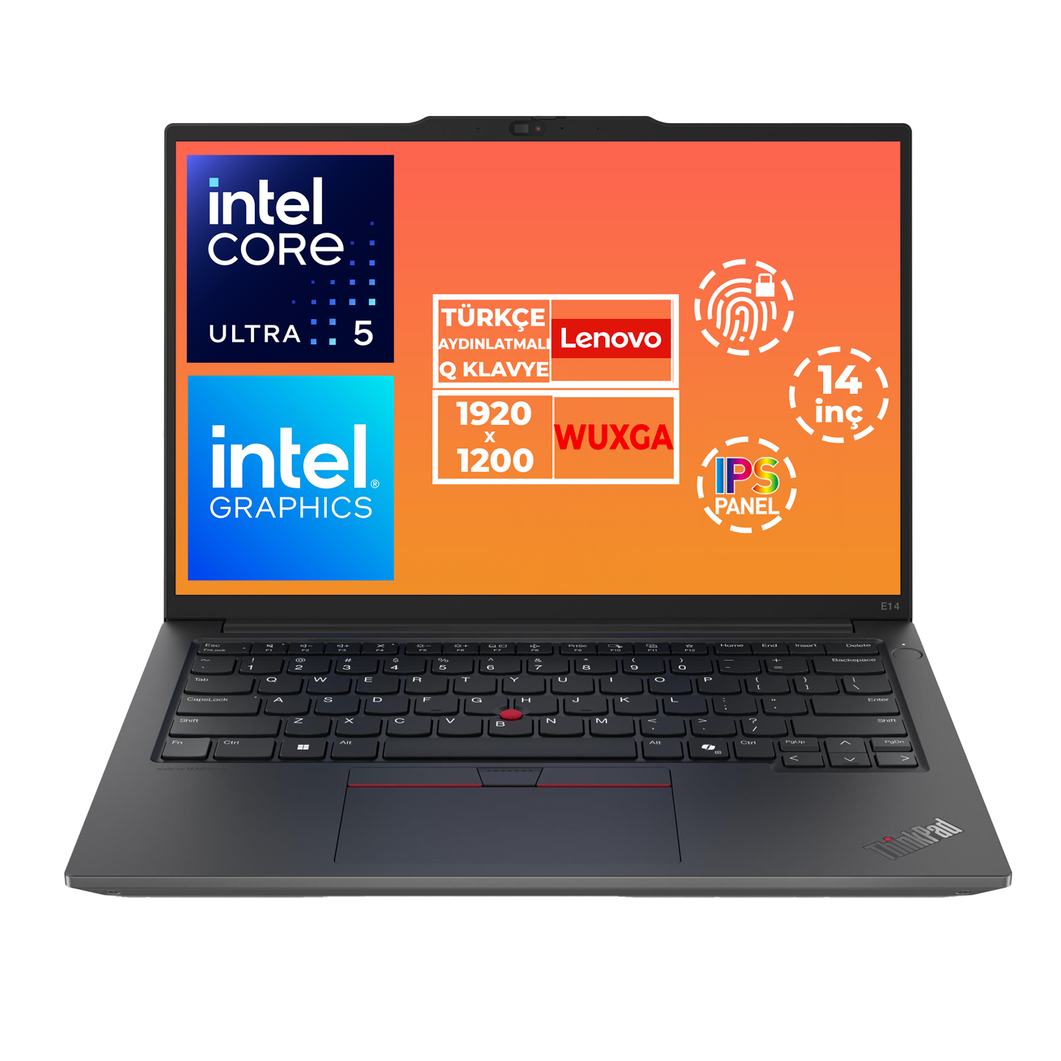 Intel Core Ultra 5 işlemcili gri Lenovo ThinkPad E14 dizüstü bilgisayar.