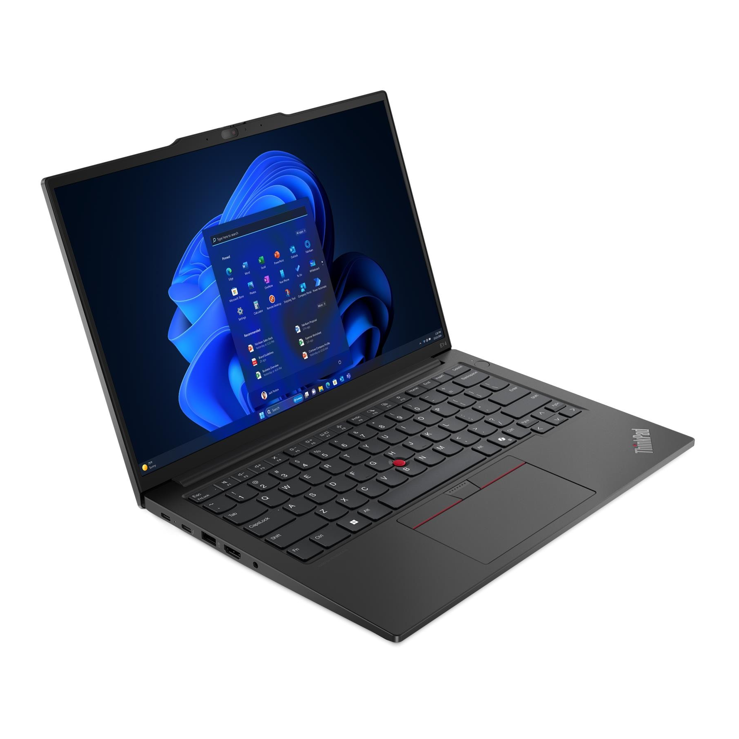 Açık siyah bir ThinkPad dizüstü bilgisayar, Windows 11 arayüzünü gösteren ekrana sahip.