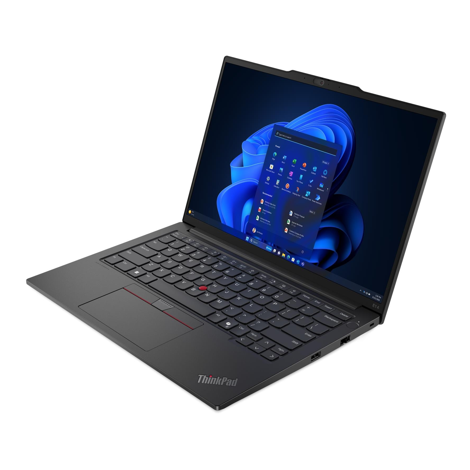 Arkadan aydınlatmalı klavyeli ve Windows 11 başlangıç menülü siyah ThinkPad dizüstü bilgisayar.