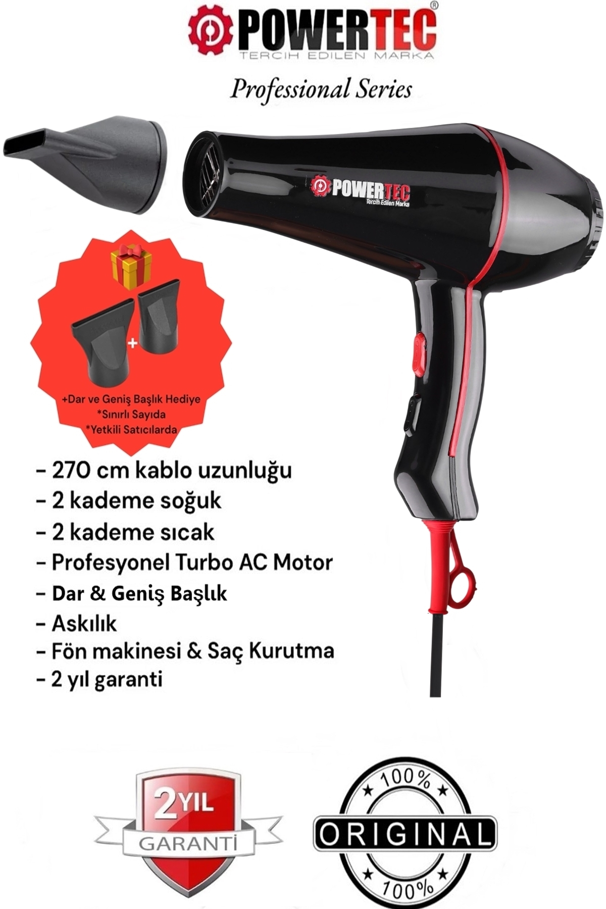 POWERTEC TR-601 Profesyonel 1900 W Saç Kurutma Makinesi Siyah