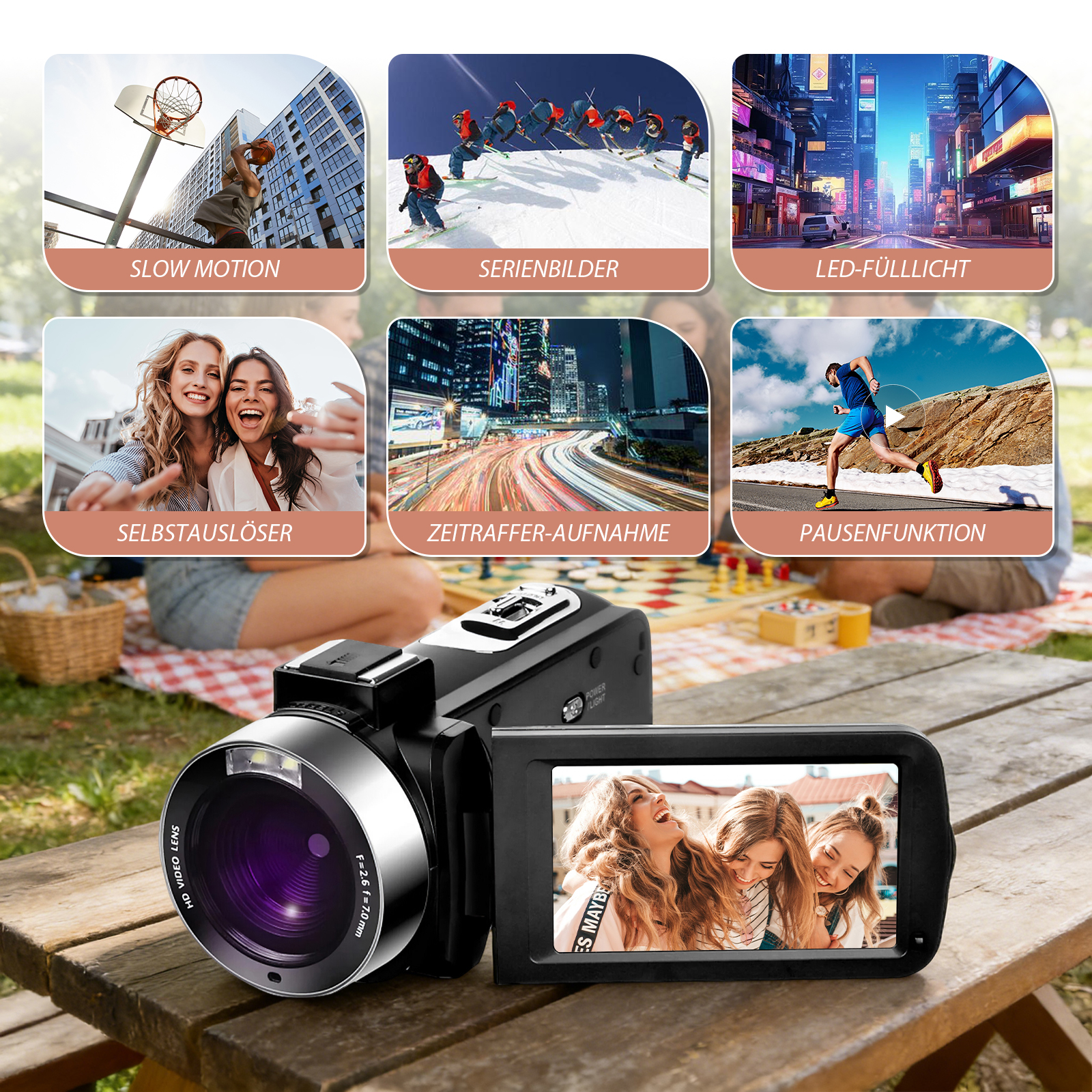 Kamera mit sechs Bild-Funktionen: Zeitlupe, Serienbilder, LED-Licht, Selbstauslöser, Zeitraffer, Pause.