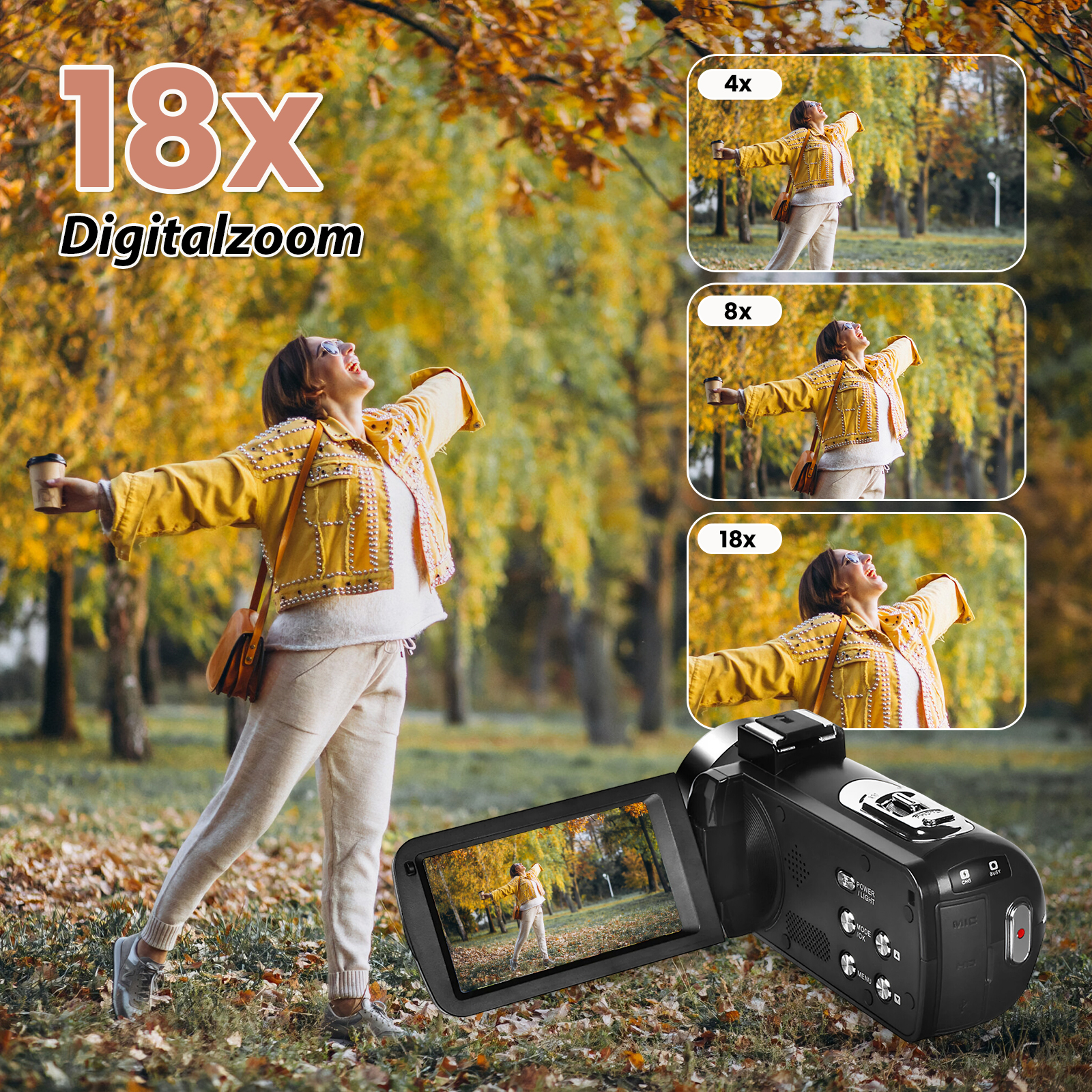 Frau im gelben Jackett mit Kaffeebecher im Herbstpark, daneben Camcorder mit 18x Zoom.