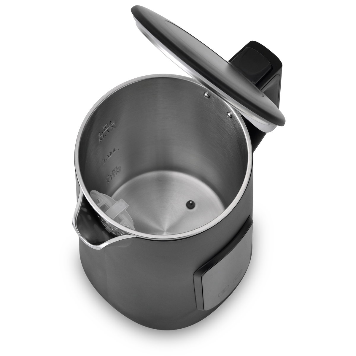 Grijze waterkoker met deksel open, interieur met meetmarkeringen.