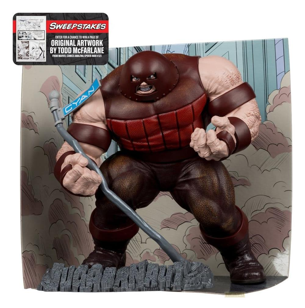 Juggernaut-Figur mit Kampfaxt und 'Sweepstakes'-Aufkleber vor Comic-Hintergrund.
