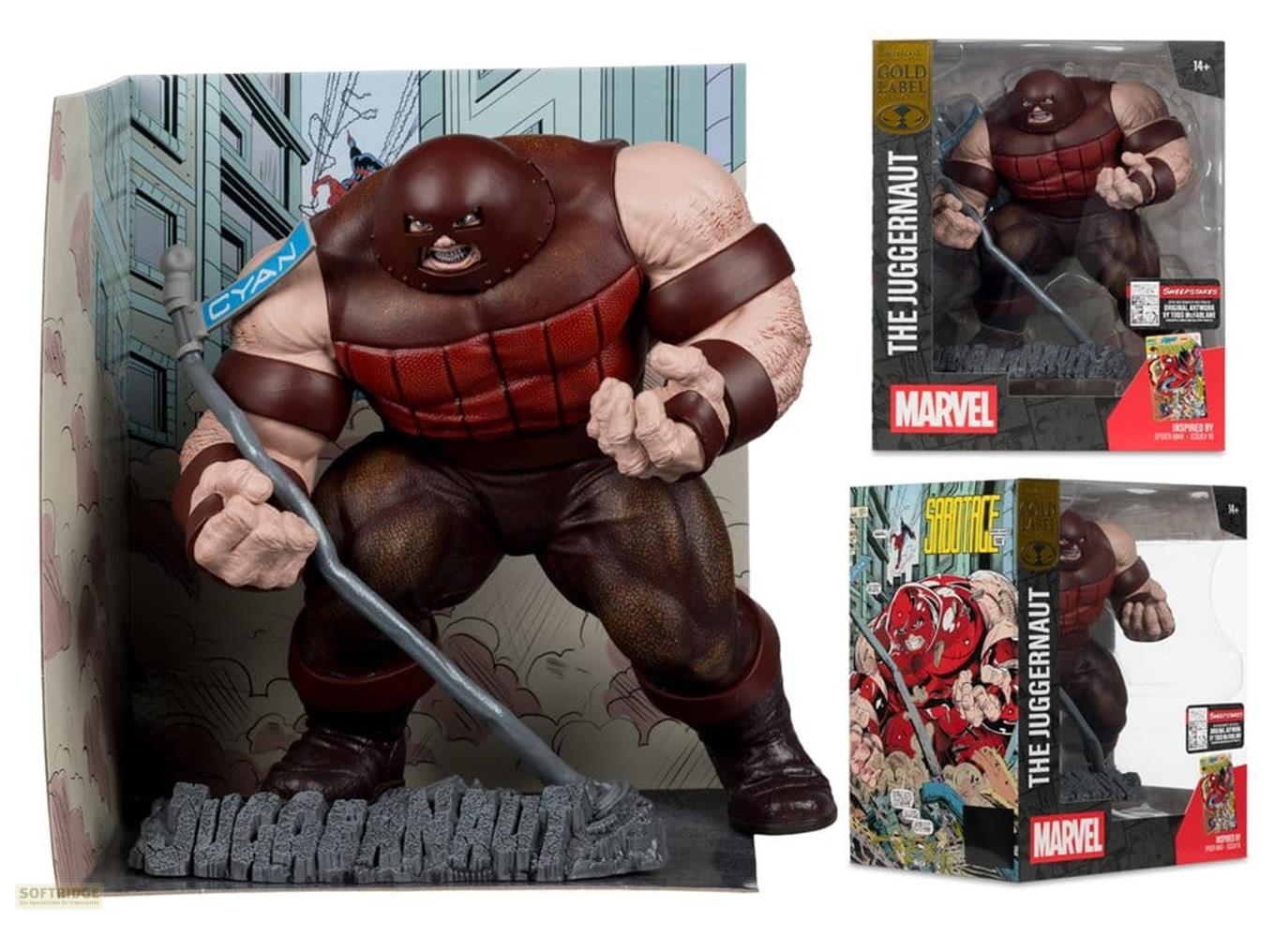Juggernaut-Figur in Aktion mit einem Stock, vor städtischer Kulisse. Verpackungen daneben.