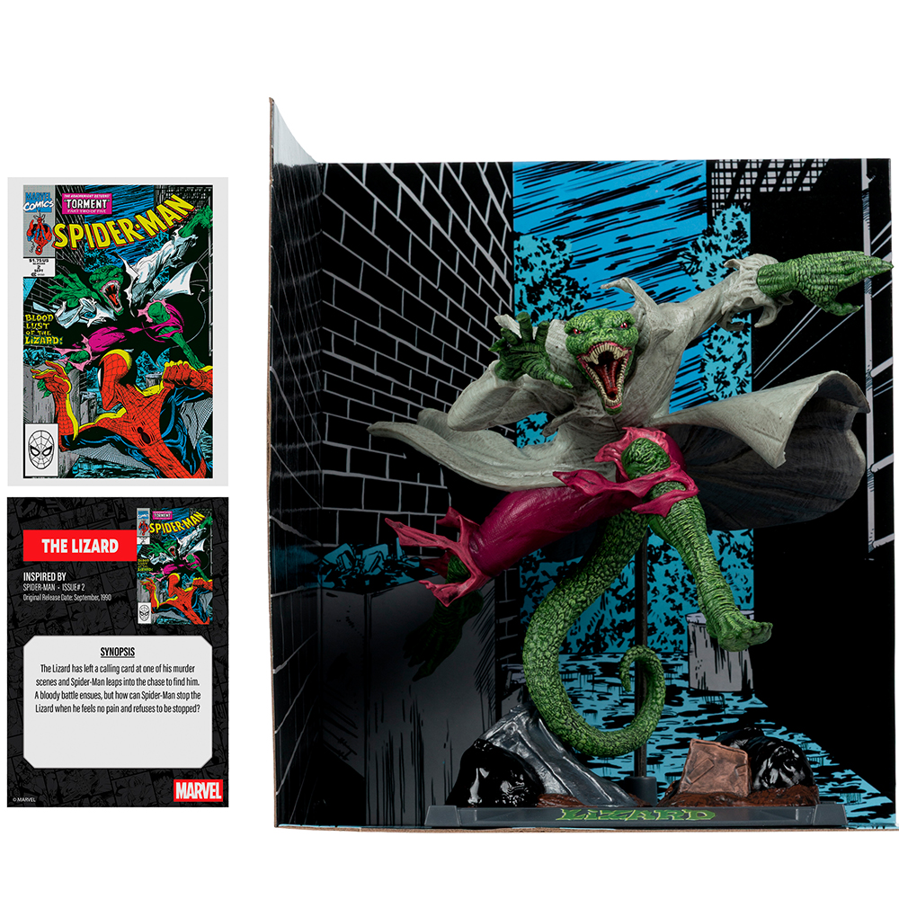 Eine Actionfigur des Lizards mit Spiderman-Comic-Cover.