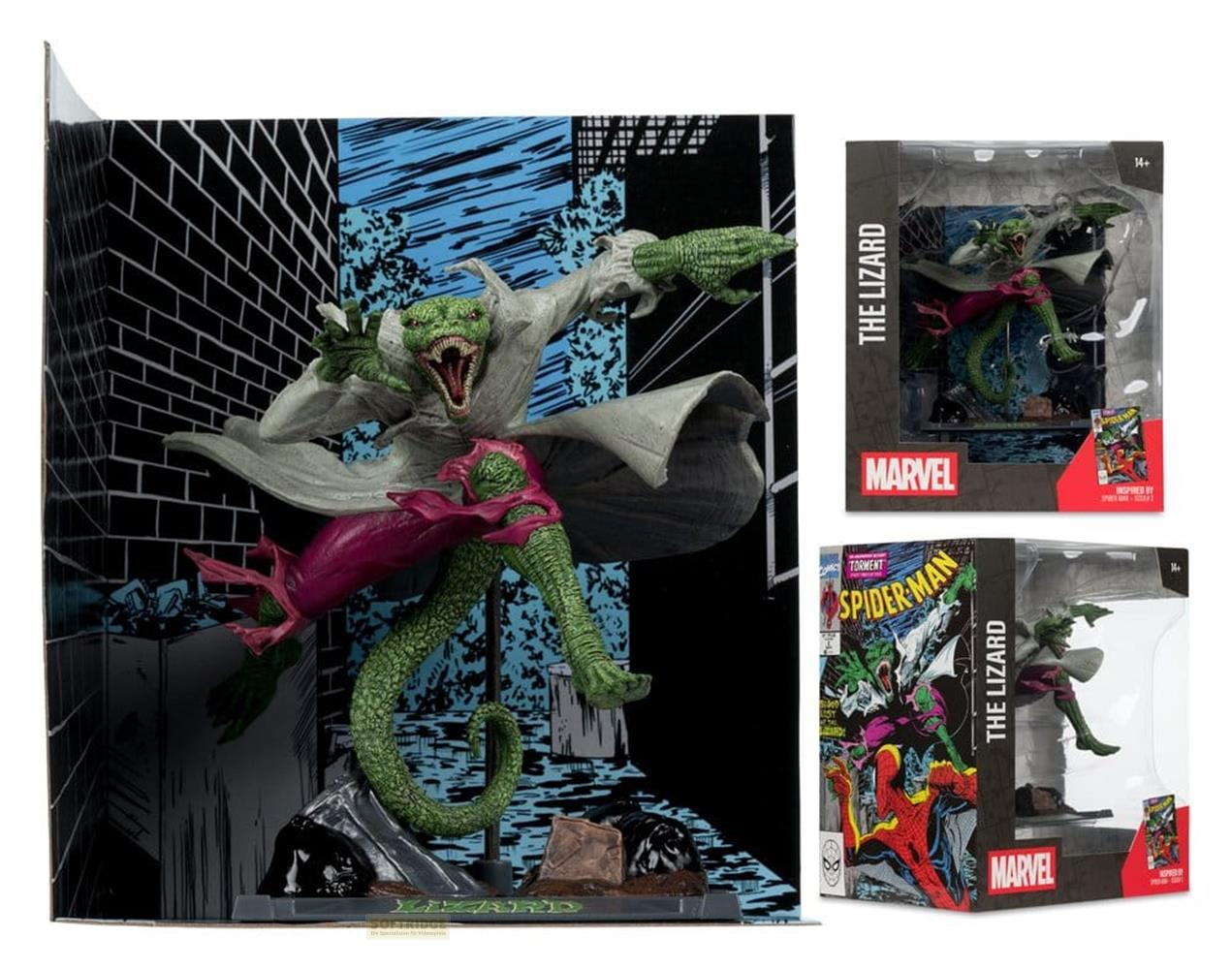 Eine Lizard-Figur in einem Karton mit Comic-Design, inspiriert von Marvel.