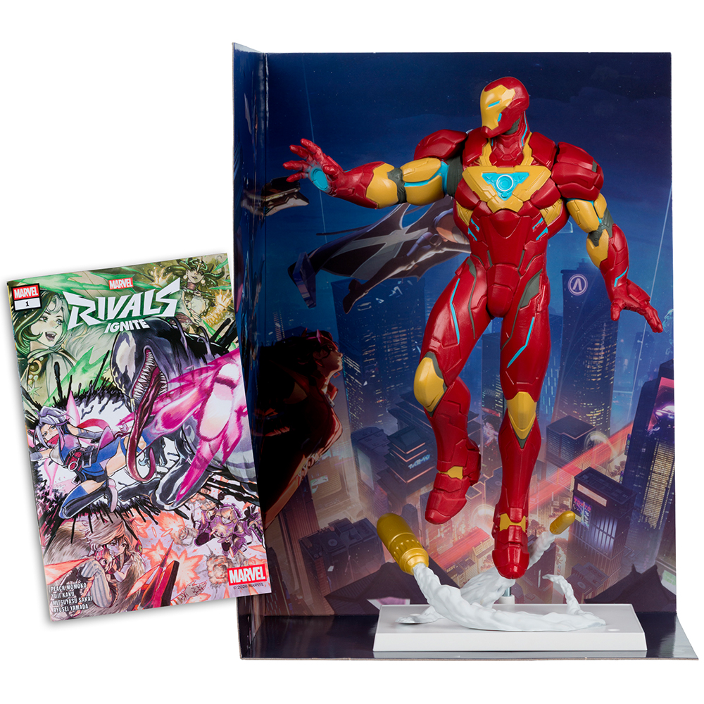 Iron Man Figur fliegt über einer Stadtkulisse mit einem Comic-Heft daneben.