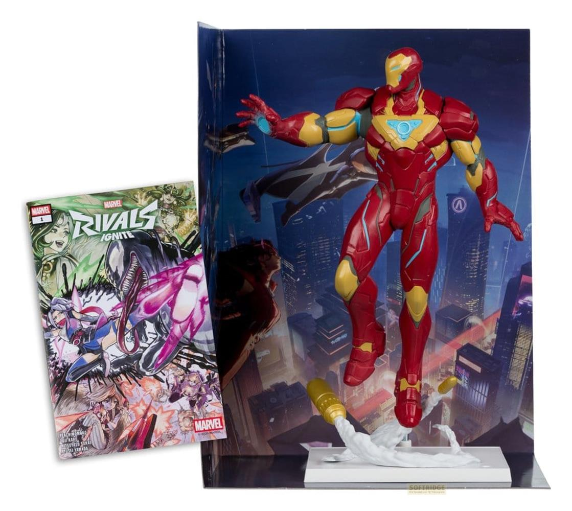 Iron Man Figur auf einem weißen Podest, neben einem Marvel Comics "Rivals Ignite" Heft.