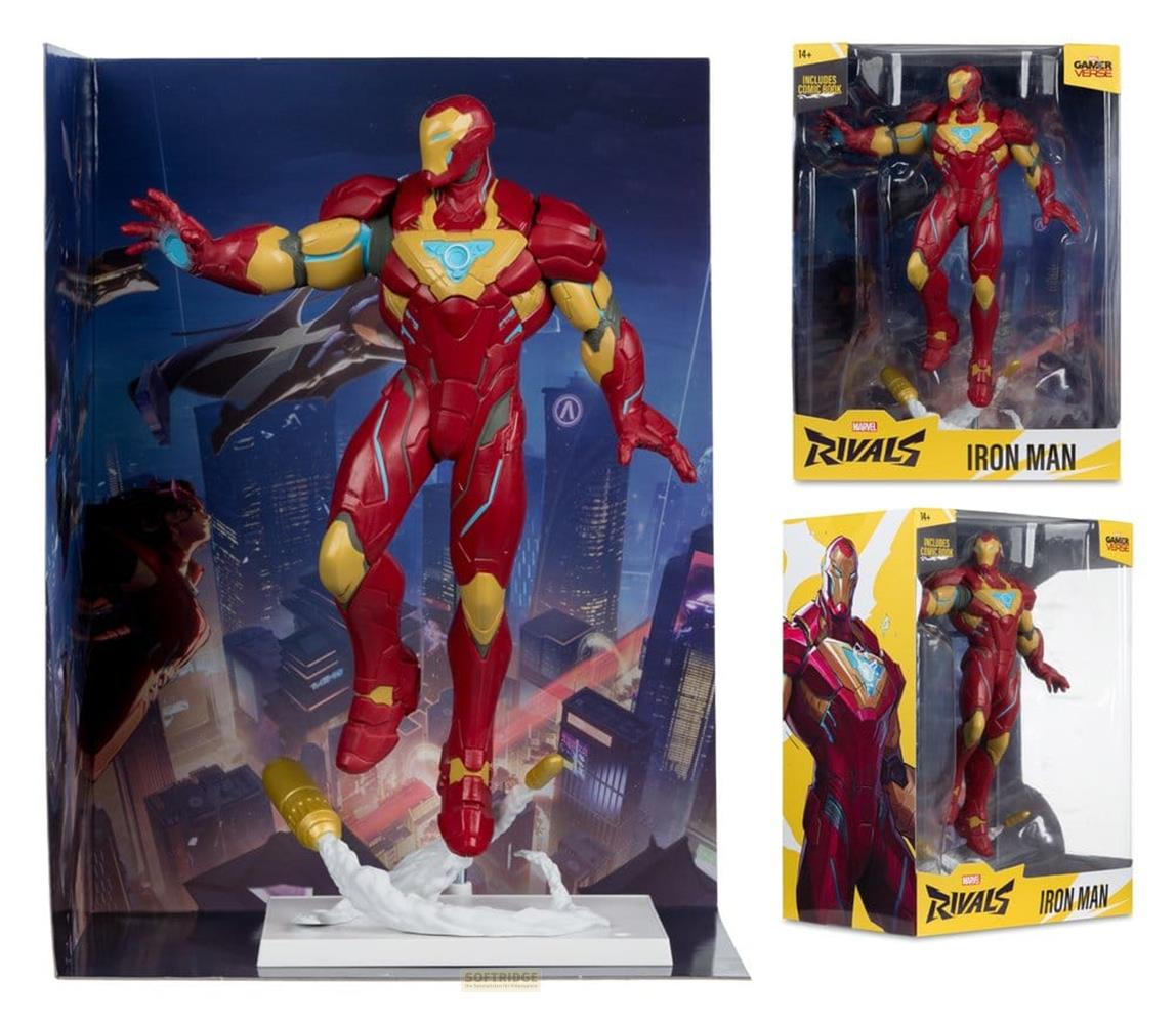 Iron Man Actionfigur in Rot und Gold auf einer Stadtkulisse mit zwei Verpackungen.