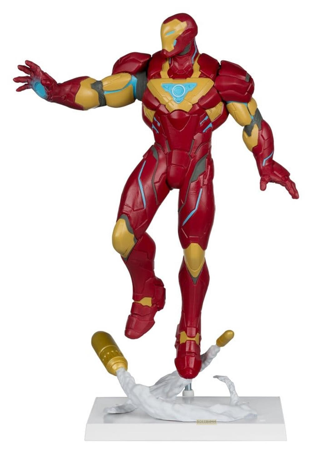 Eine rote und goldene Iron Man-Figur fliegt mit weißen Rauchschwaden und Raketenspur.