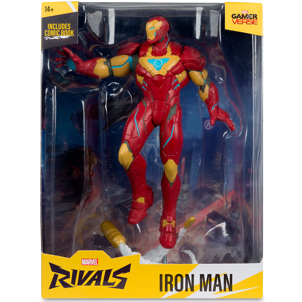 Iron Man Actionfigur in roter und goldener Rüstung mit Comic-Buch-Verpackung.