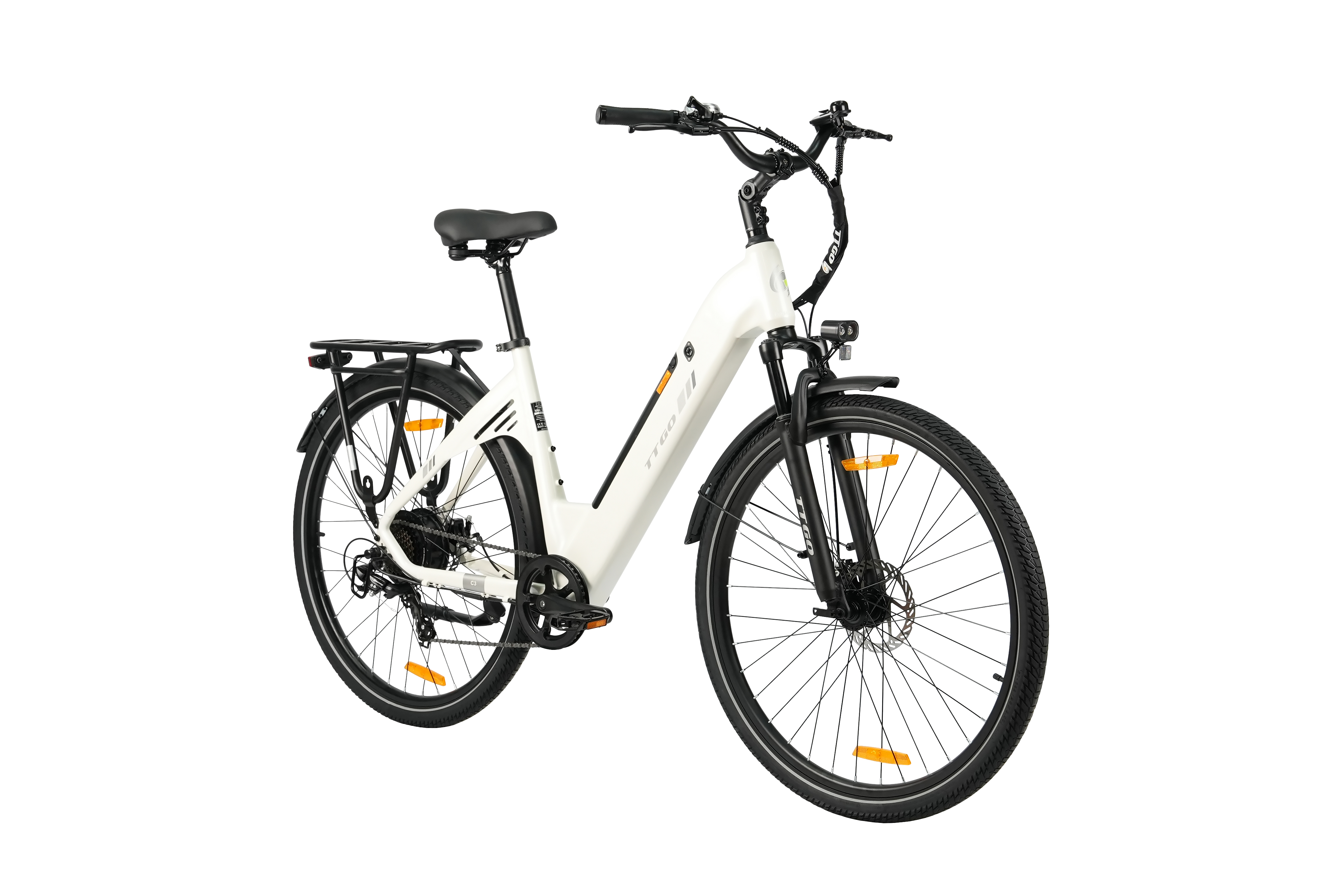Ein weißes Elektrofahrrad mit schwarzem Sattel, Gepäckträger und Reifen.