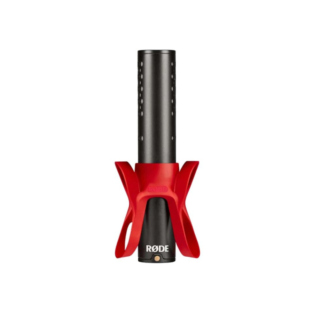 Czarny mikrofon z czerwonym mocowaniem i srebrnym logo na białym tle.