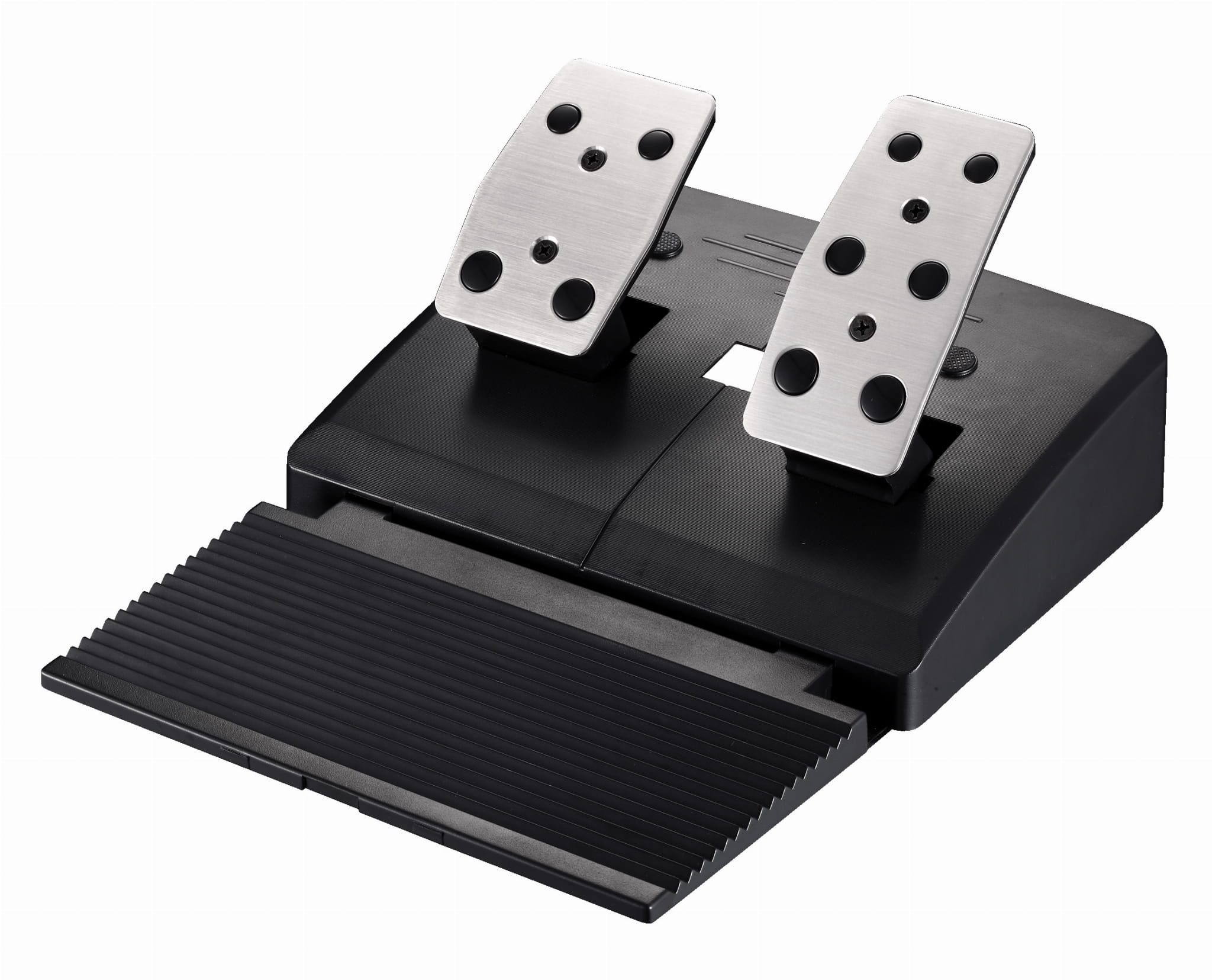 Czarny zestaw pedałów z srebrnymi powierzchniami i czarnymi przyciskami.