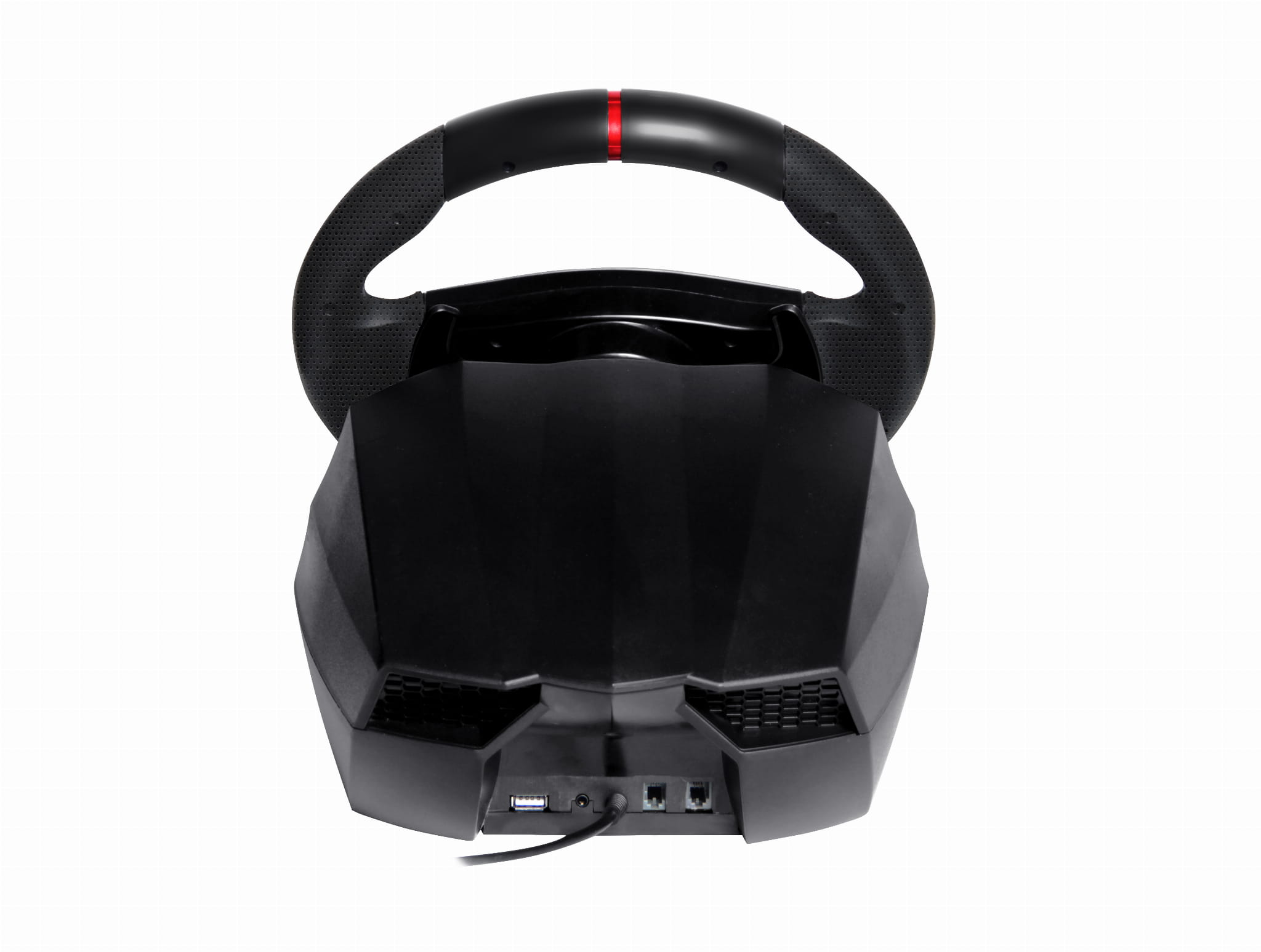 Czarna kierownica wyścigowa z czerwonymi akcentami i portami.