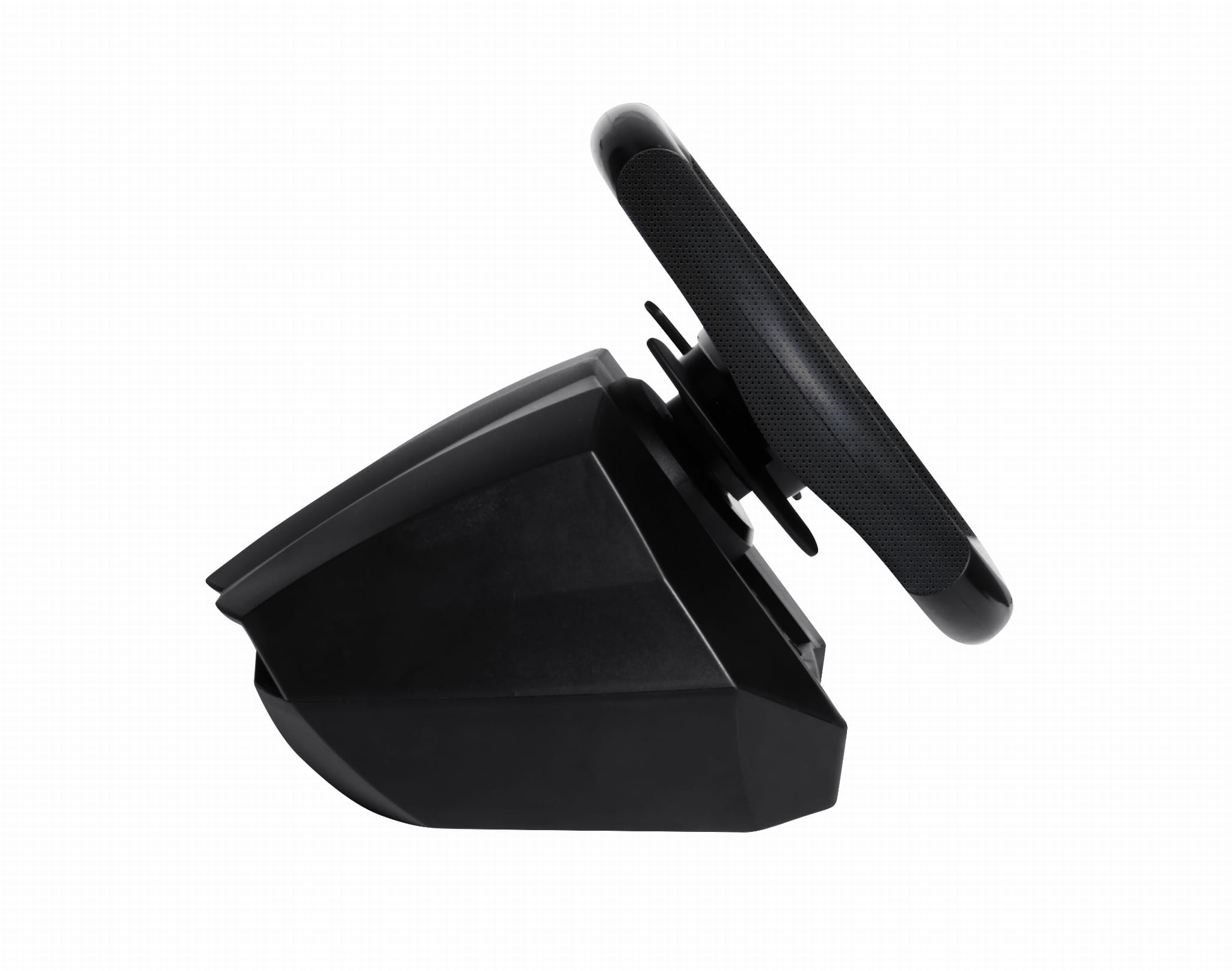 Czarne koło kierownicy z podstawą na białym tle.