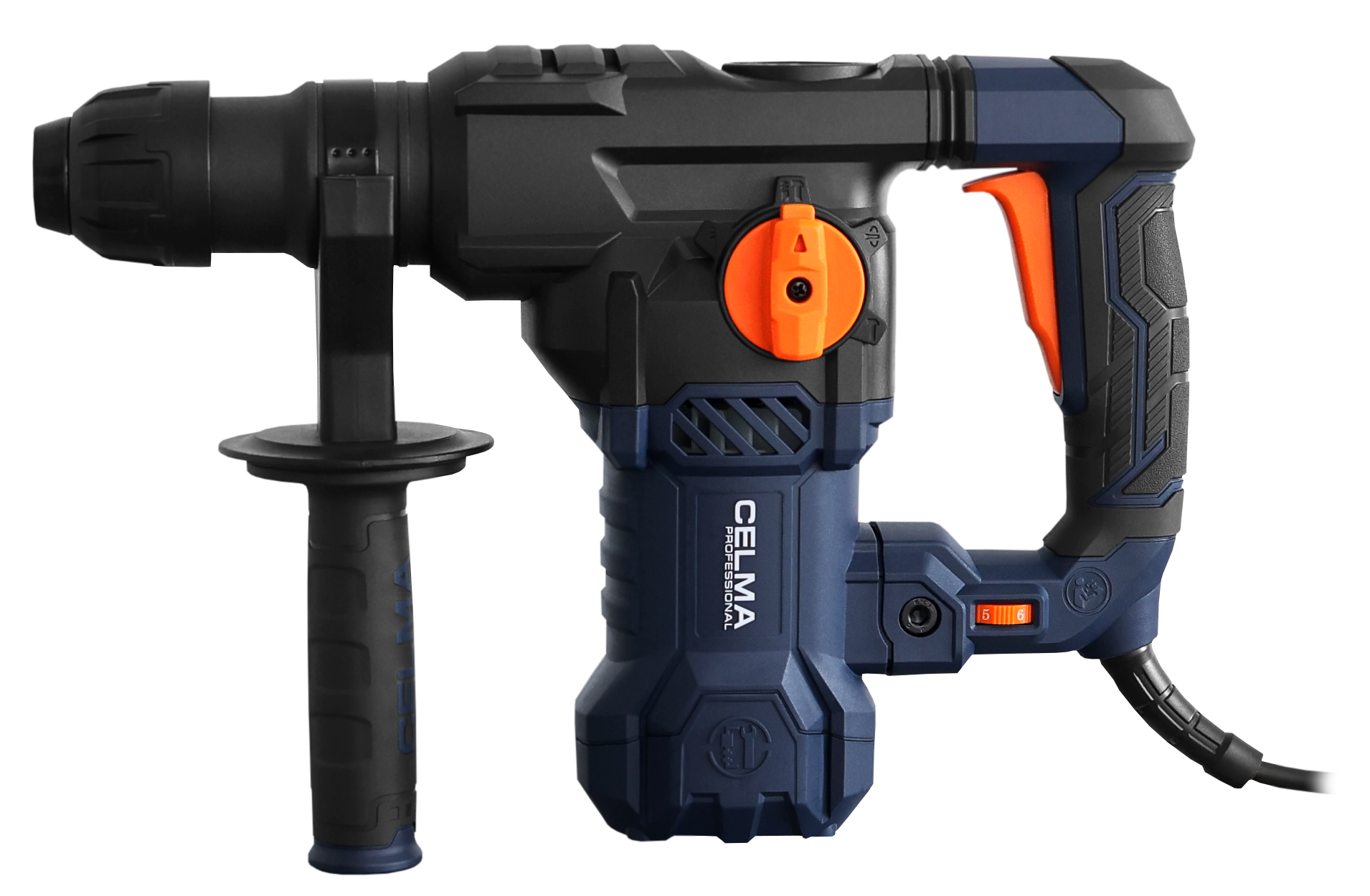 Niebieski i czarny młot obrotowy z pomarańczowymi akcentami i uchwytem pomocniczym.