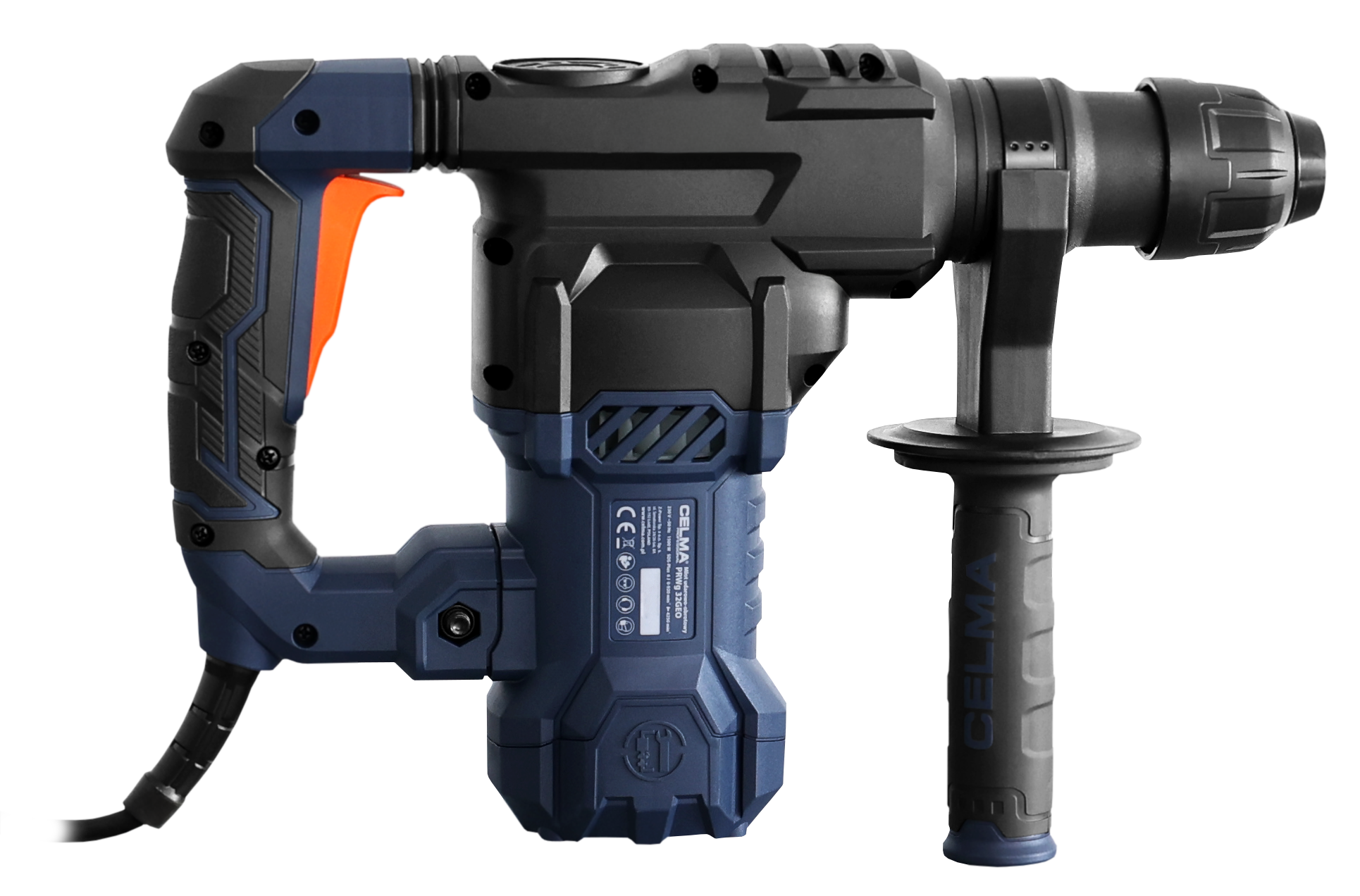 Niebiesko-czarny młot udarowo-obrotowy z pomarańczowym spustem i rękojeścią pomocniczą.