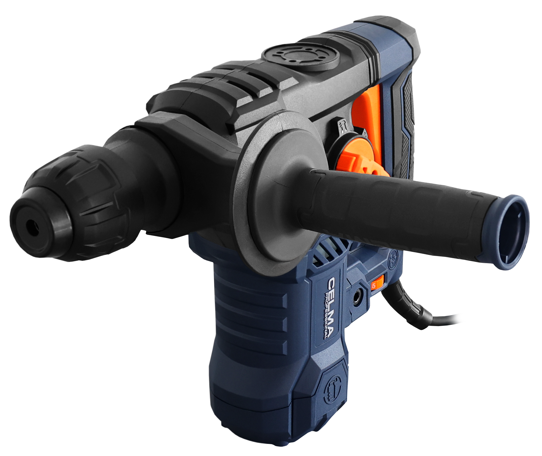 Niebiesko-pomarańczowy młot udarowy z czarnym uchwytem i uchwytem.