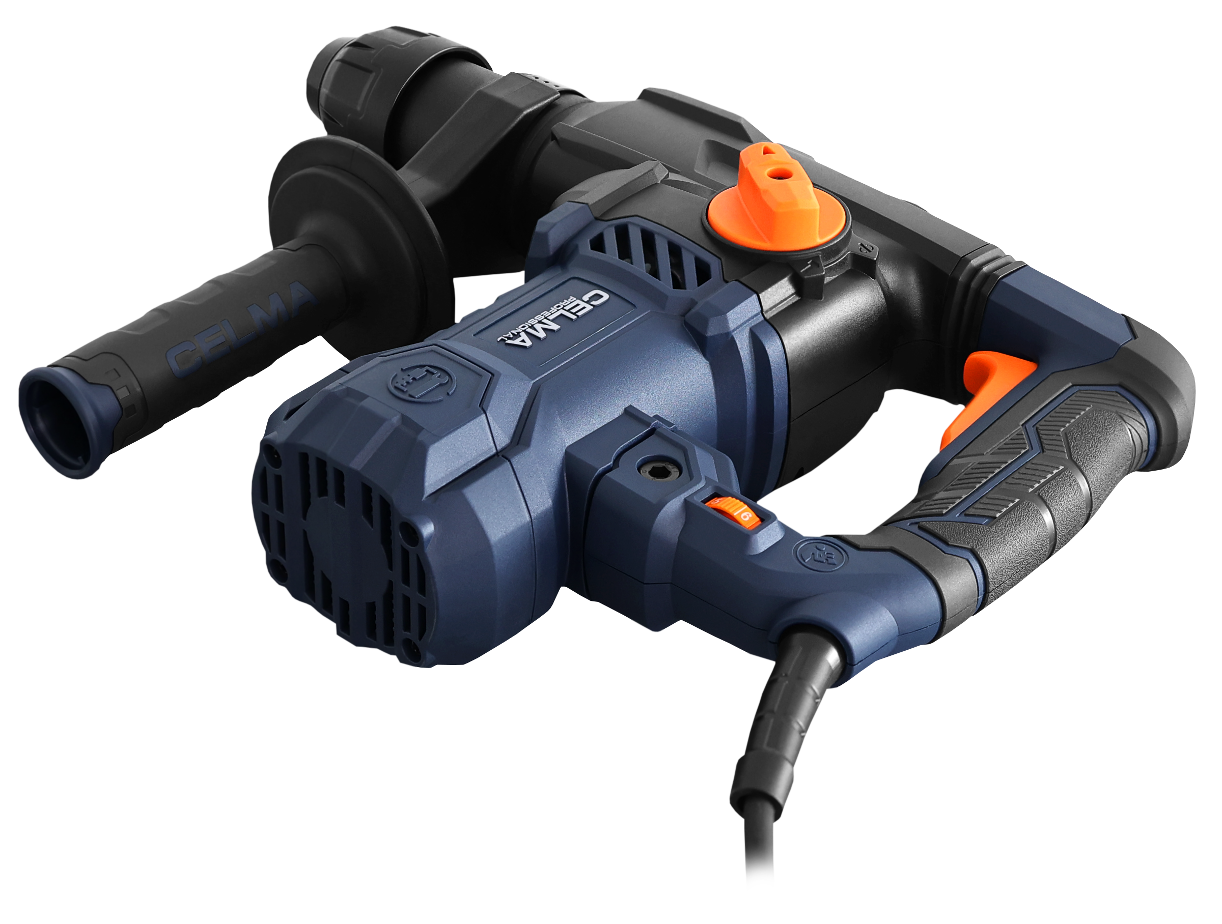 Niebiesko-czarny młot udarowy z pomarańczowymi akcentami i rękojeścią pomocniczą.