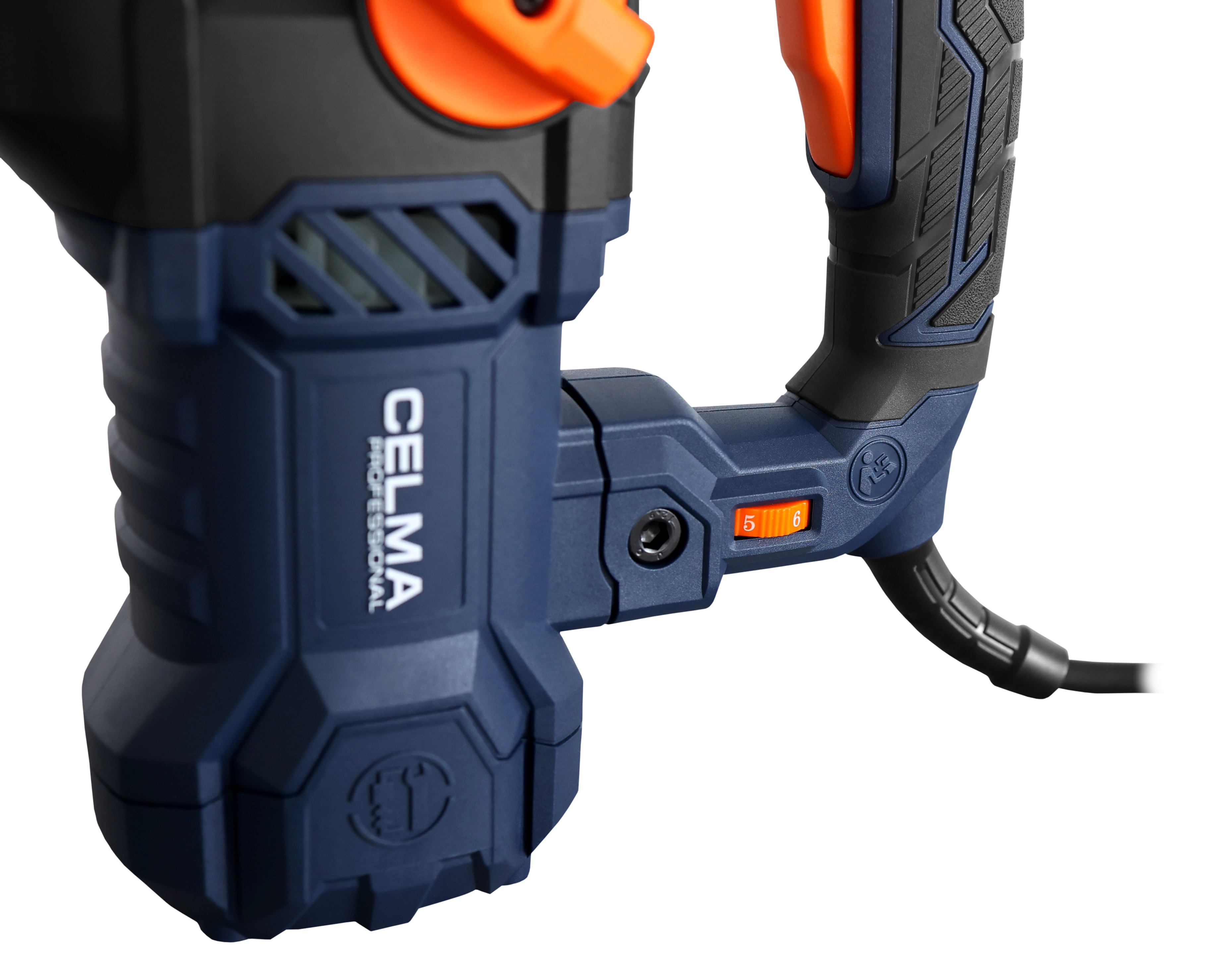 Zbliżenie niebiesko-czarnego młota udarowego z pomarańczowymi akcentami. Widoczny przełącznik obrotowy.