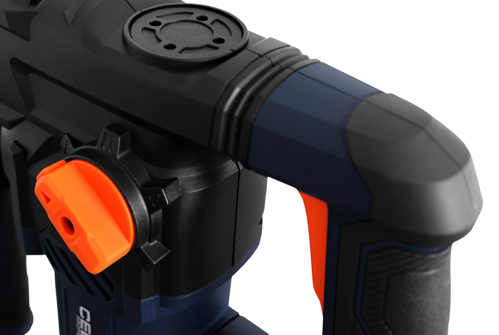 Zbliżenie czarnego młota udarowego z pomarańczowym pokrętłem regulacyjnym i niebieskim uchwytem.