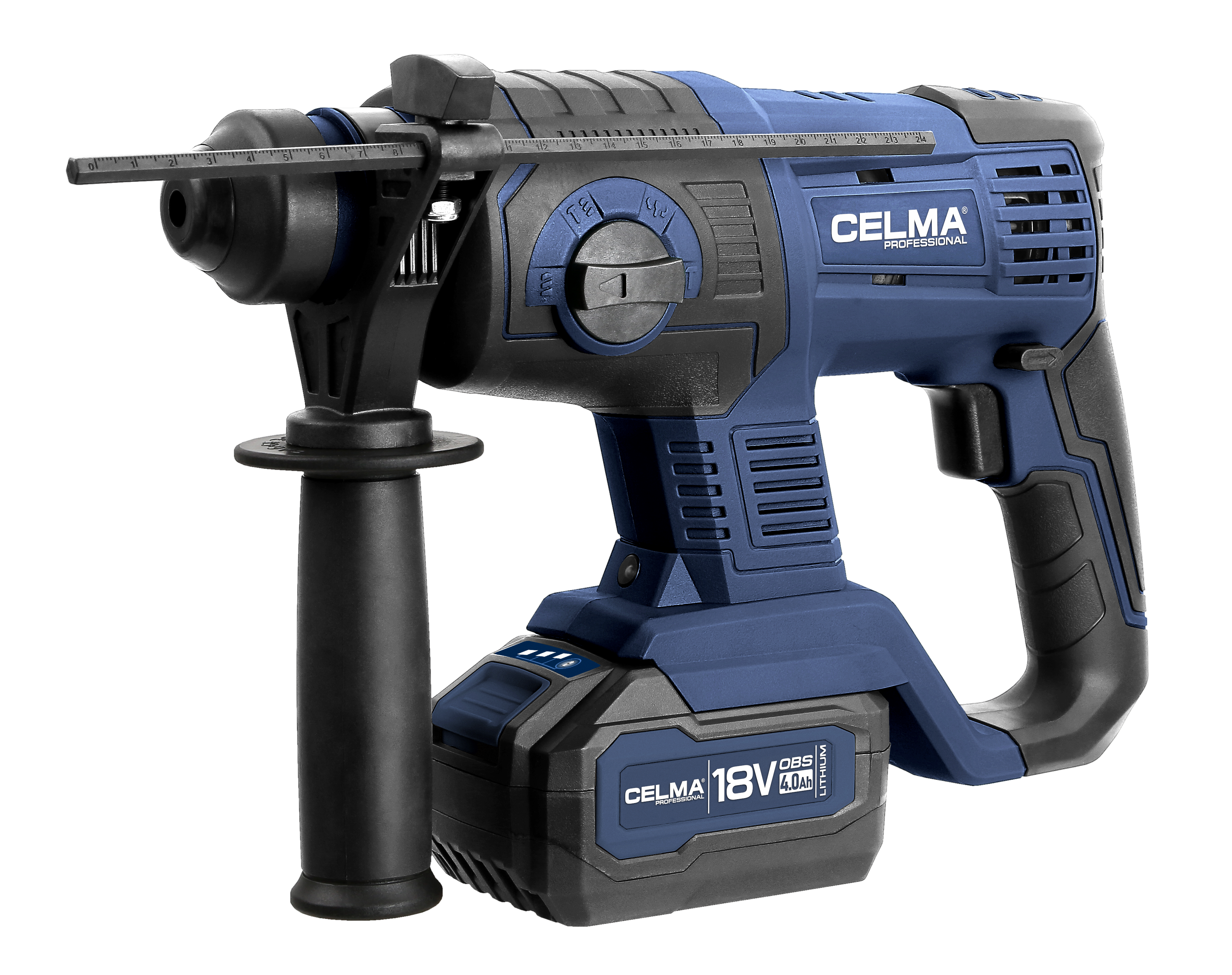 Niebiesko-czarny młotowiertarka akumulatorowa CELMA z ogranicznikiem głębokości i rękojeścią pomocniczą.