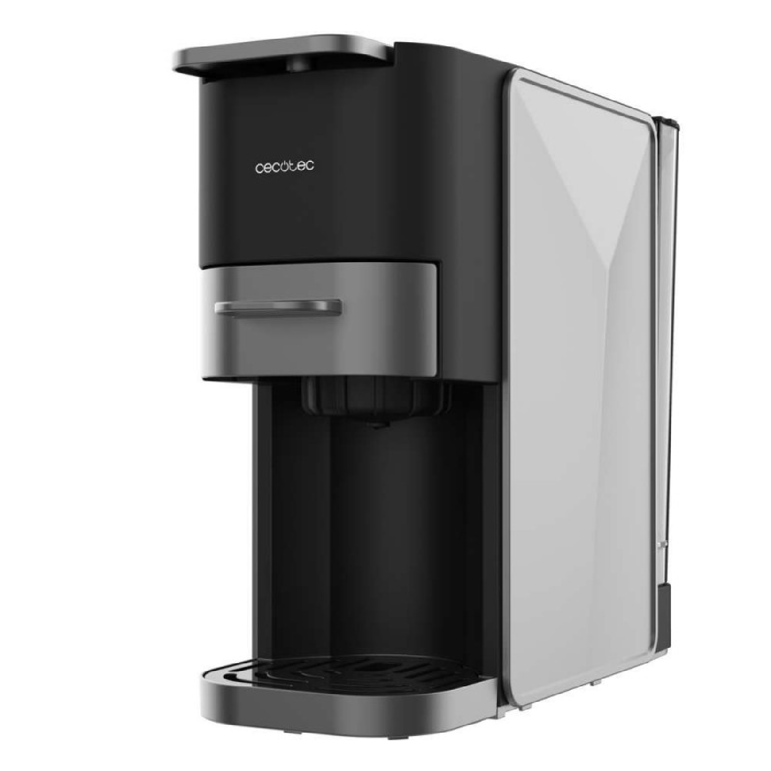 Macchina da caffè moderna, nera e argento, con logo CECotec.